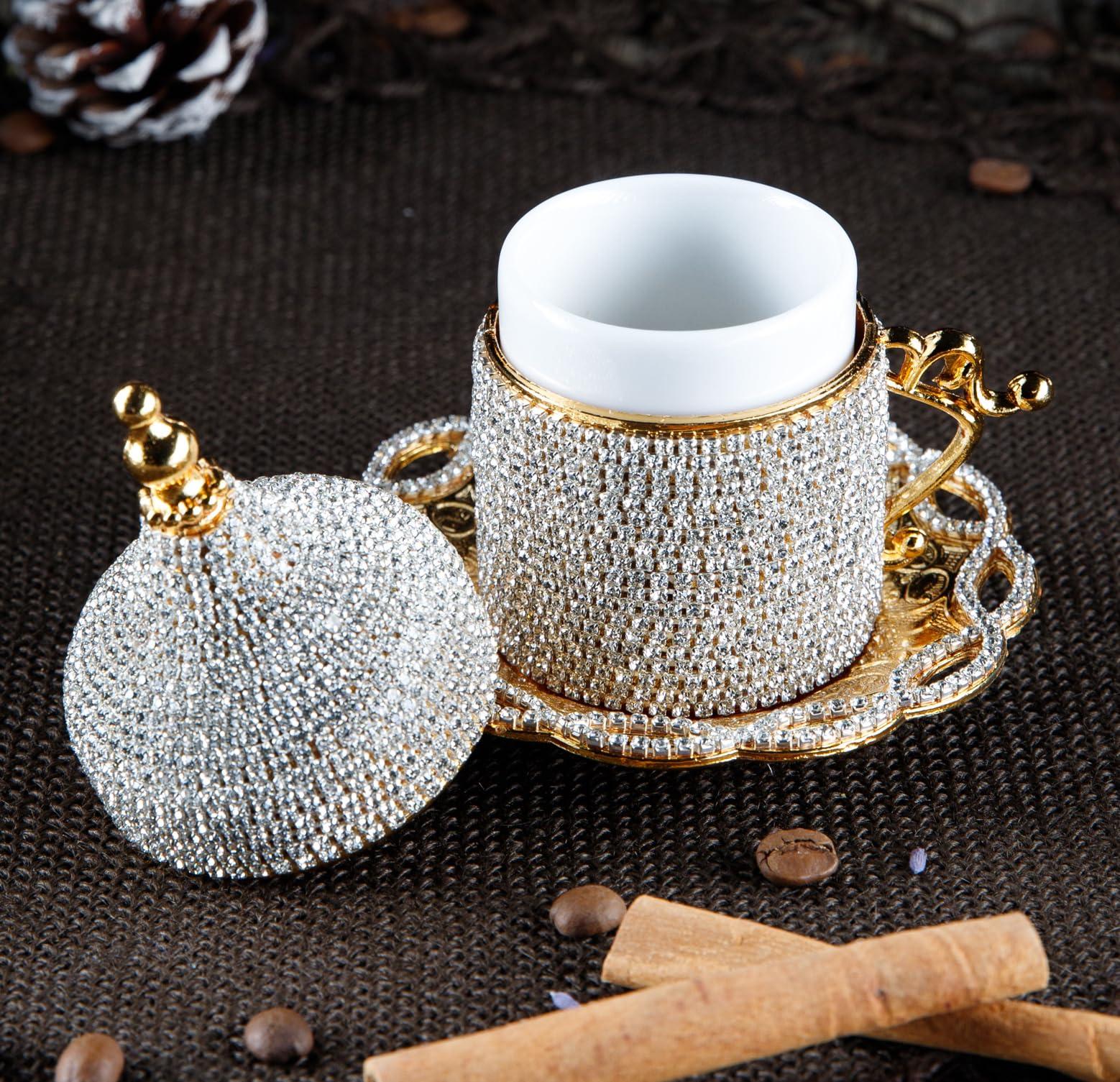 DEMMEX DEMMEX Turkish Coffee & Espresso Cup, Fancy Turkish Greek Arabic Coffee Cup with Inner Porcelain, Metal Holder, Saucer and Lid, Handmade with Crystals, 2 Oz - 60ml (Gold with Crystals)