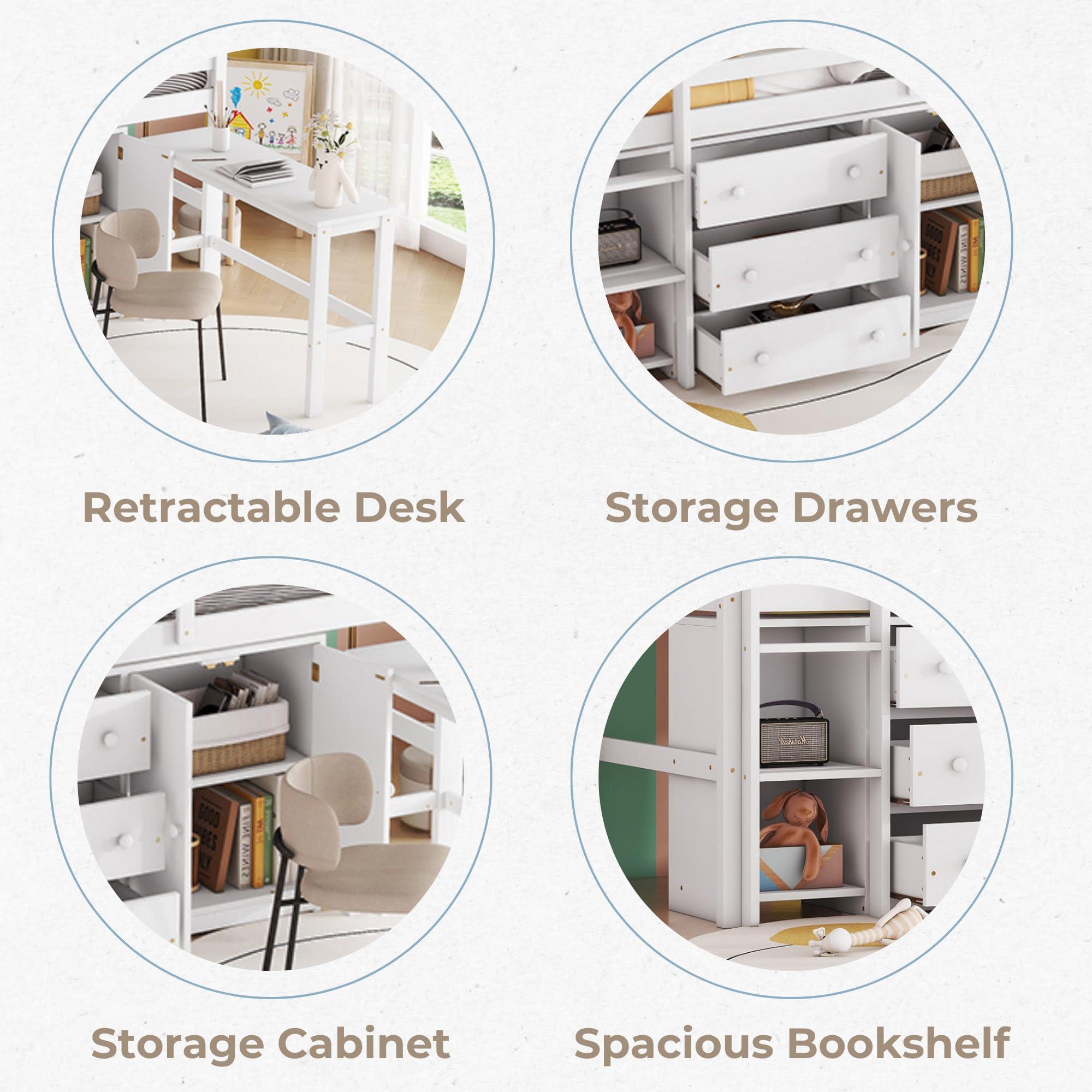 Ball & Cast Ball & Cast Twin Size Low Loft Bed Bunk with Pull-Out Desk and Drawers,Multifunctional Wood Bebframe W/Full-Length Guardrails and Storage Cabinet,Spacious Bookshelf,for Bedroom,Apartment,White
