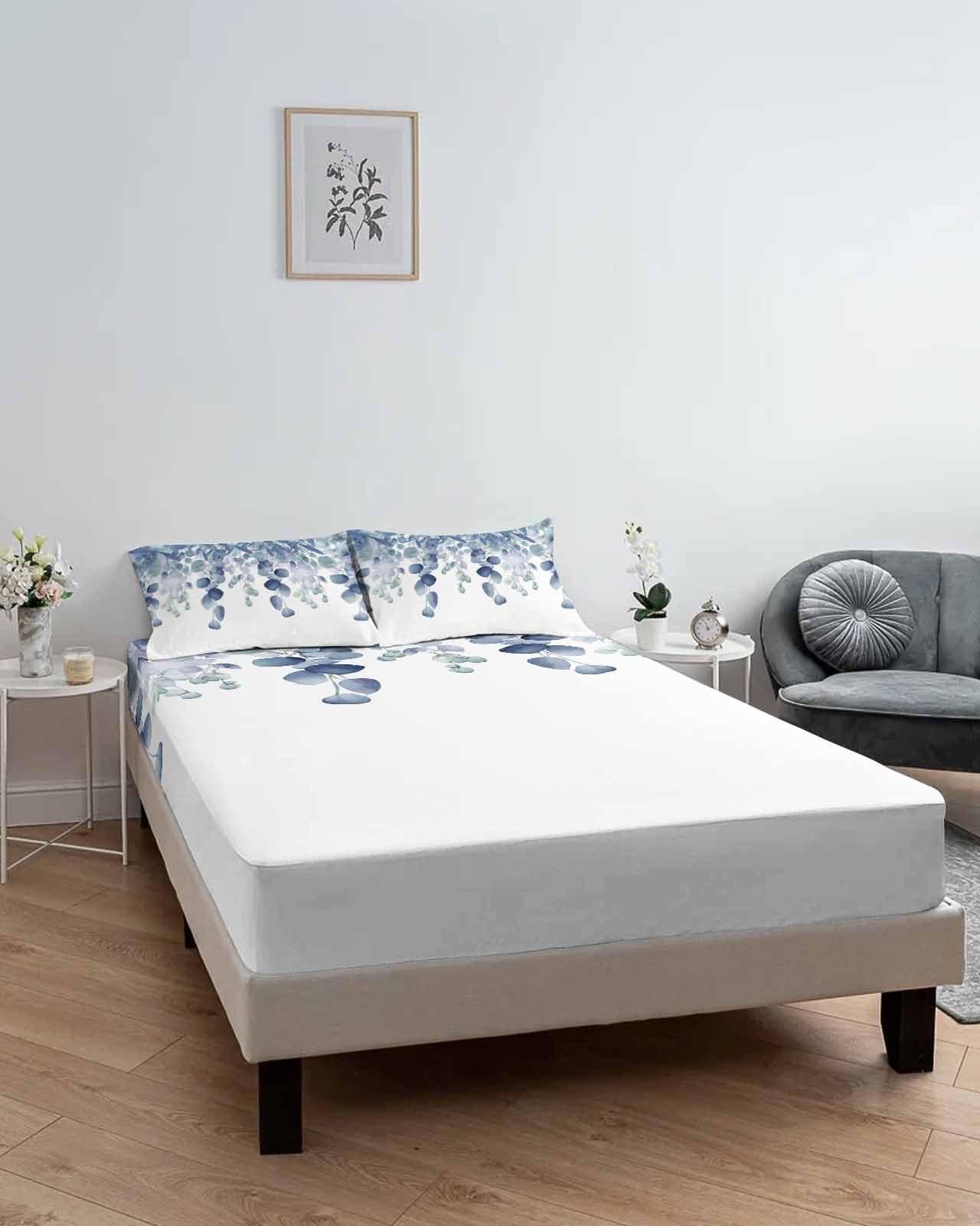 Queener Home Watercolor Blue Eucalyptus Leaf Fitted Bed Sheet with Elastic Edge King Deep Pocket Bedding Sheets Fits Mattress Up to 16 Inch, Pastoral Green Botanical Leaves Mattress Cover with 2 Pillowcase