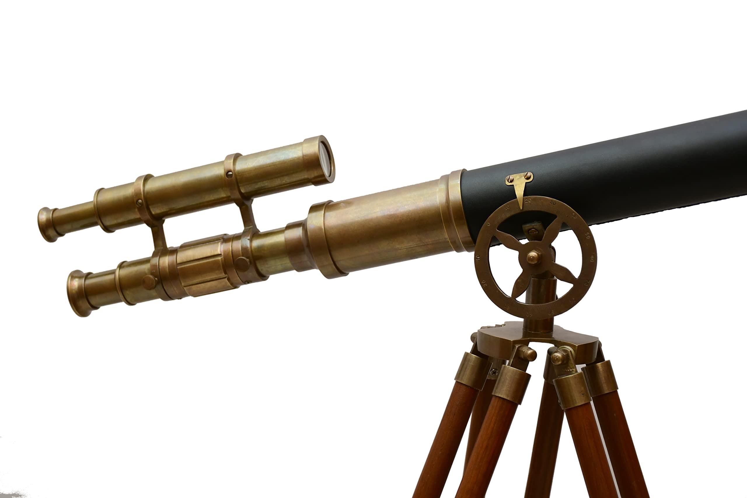 NAVIROCK Nautical Marine Designer Brass Telescope Antique Finish Double Barrel Black Leather Coverd Tube W/Wooden Brown Tripod Floor Standing Royal Handmade Authentic Telescopic - Navirock