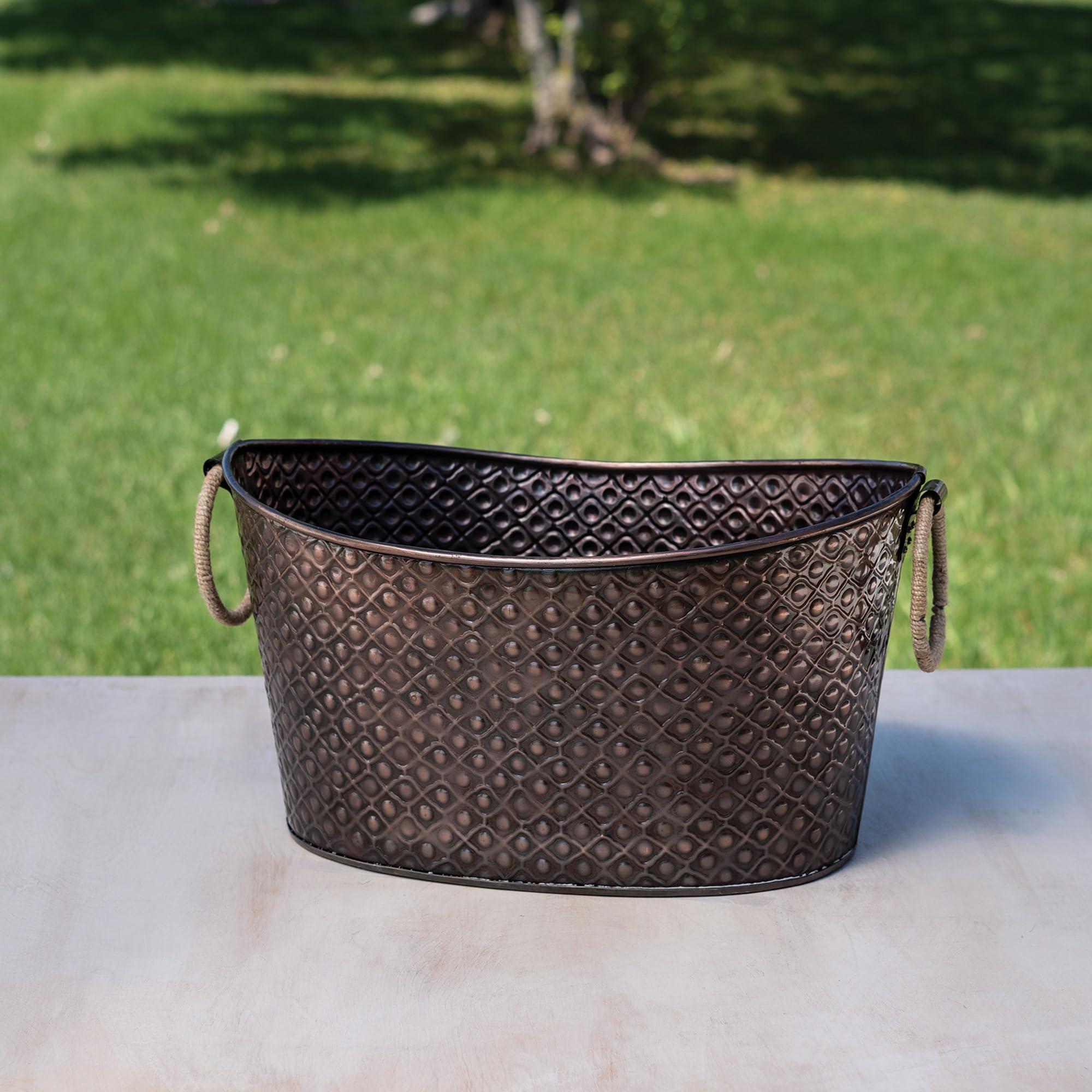 IHI EST. 1986 India Handicrafts Oval Dark 16 x 12 Copper Metal Ice Beverage Tub With Jute Handle