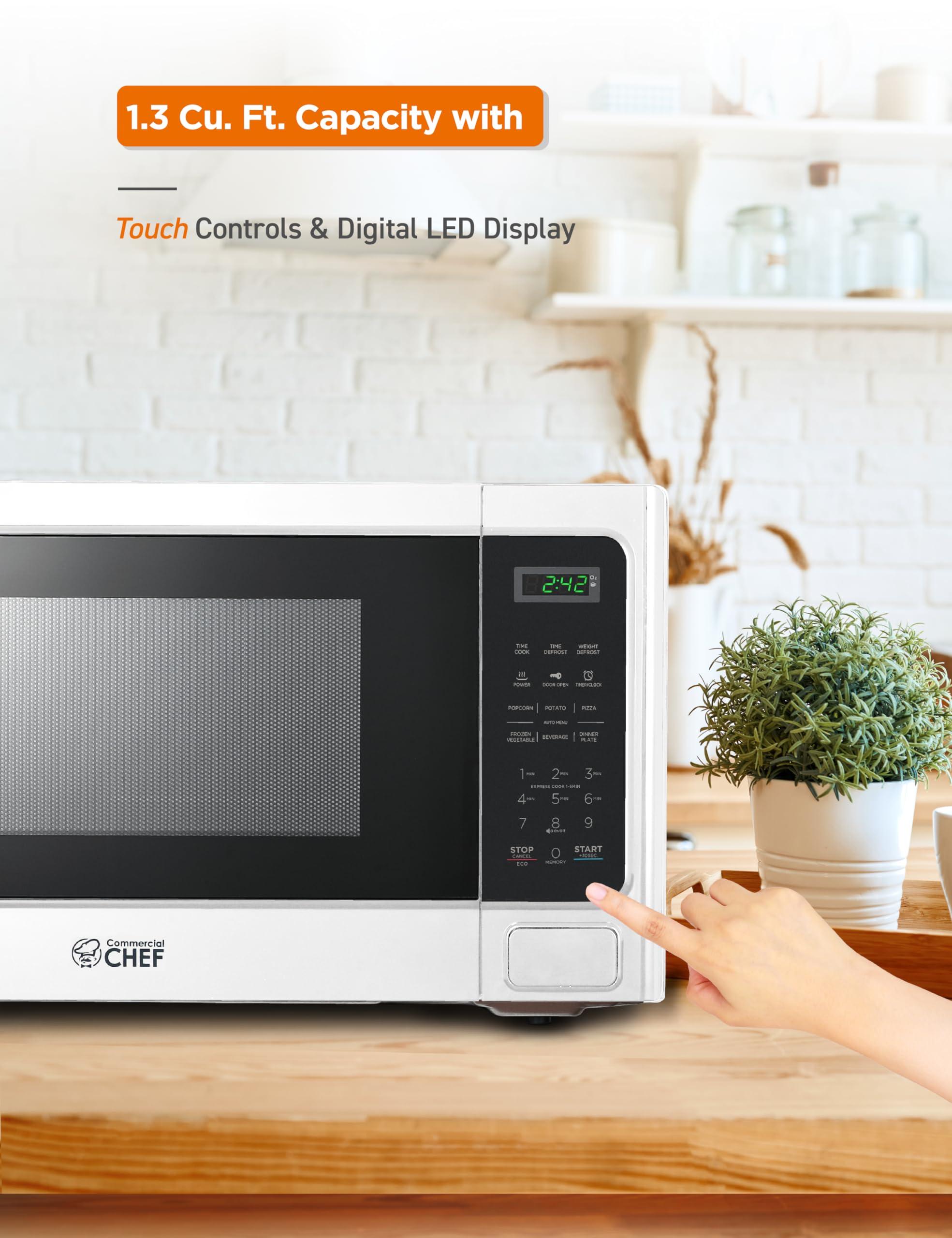 Commercial CHEF COMMERCIAL CHEF Microwave 1.3 Cu Ft with 10 Power Levels, Microwave with Push Button Door Lock, 1000W Countertop Microwave with Timer and Digital Controls, White