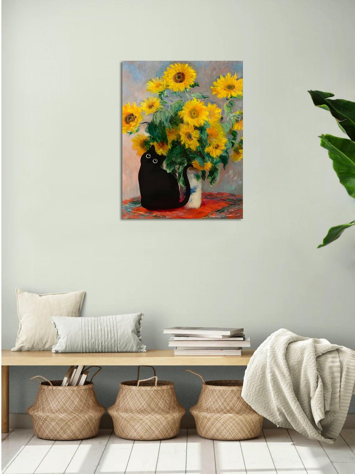 FOSULA Monet Cat Wall Art - Claude Monet Cat Wall Art Prints - Cat Monet Art - Monet Sunflowers Cat Canvas Print - Claude Monet Cat Poster - Monet Sunflowers Cat Wall Decor - Framed Ready to Hang