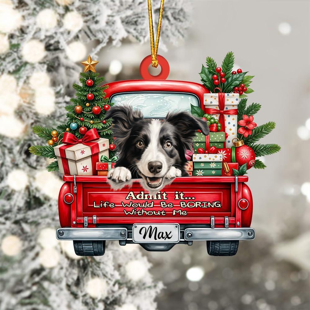 FAMITRENDZ FAMITRENDZ Personalized Border Collie Dog On Red Truck Ornament, Custom 2D Flat Shape Border Collie Dog Name Ornament, Dog Christmas Ornament, Dog Lover Gift, Christmas Tree Decor