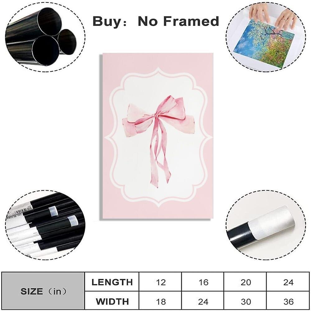 Generic Pink Bow Poster Coquette Wall Art Preppy Pink Coquette Bow Canvas Print Oil Painting Wall Art Preppy Poster Trendy Preppy Wall Art Teenage Girl Room Bedroom Wall Decoration12x18inch Unframed