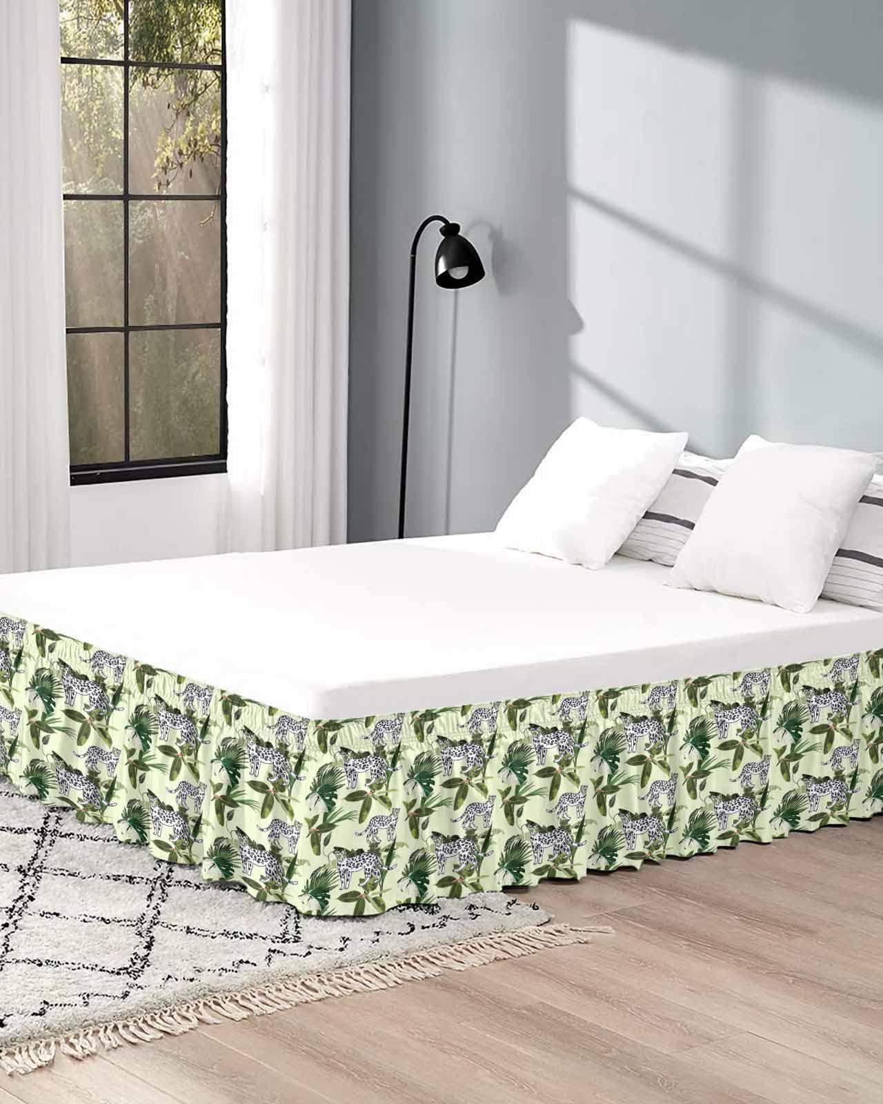 Sabolny Leopard Print Bed Skirt Cal King Size 16 Inch Drop, Adjustable & Elastic Wrap Around Bed Skirts Pleated Luxury Dust Ruffles for Twin Full Queen Cal King Base Bed, Summer Tropical Tree Plant Leaves