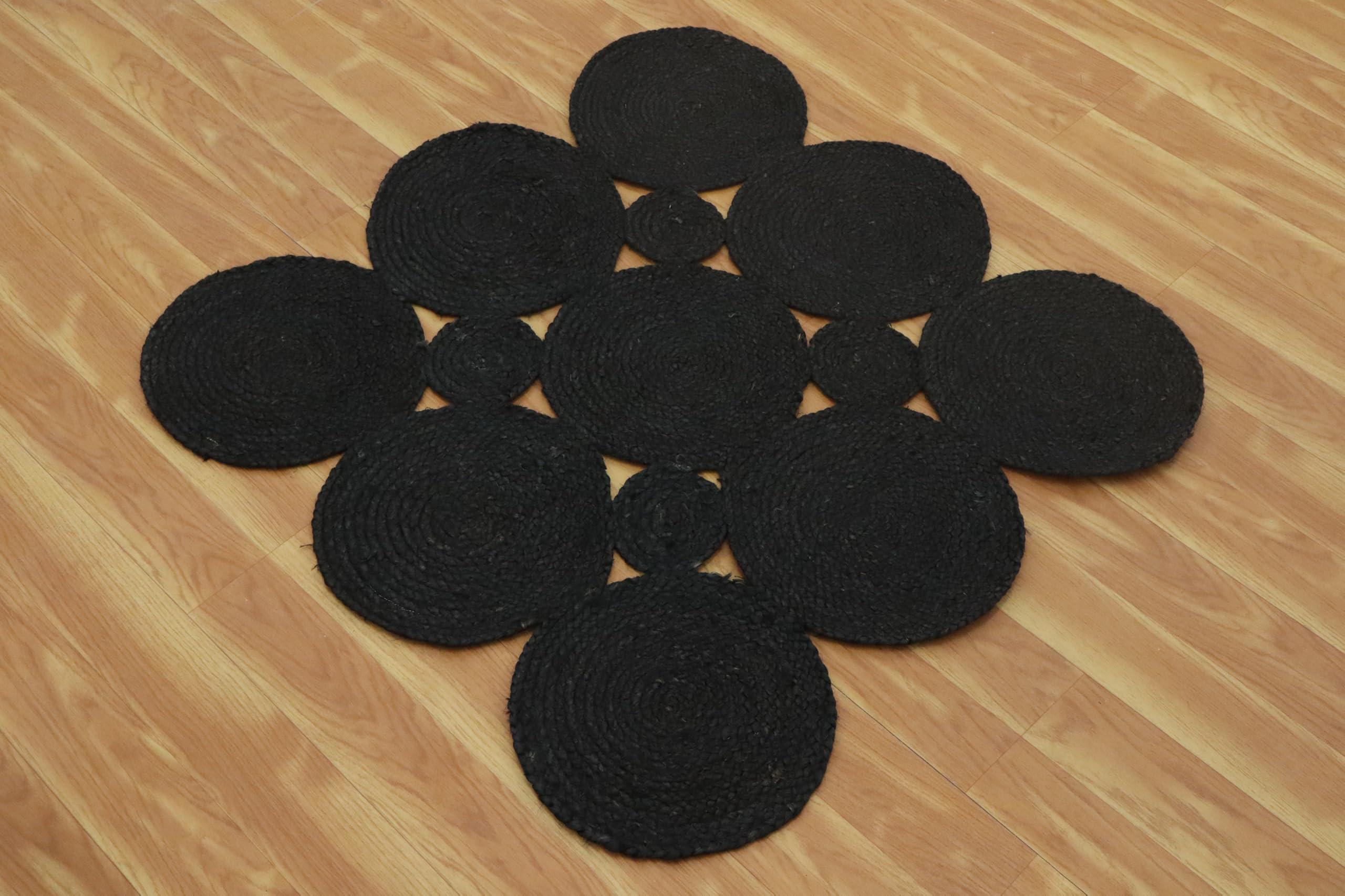 CASAVANI CASAVANI Scalloped Jute Rug Kilim Rug 4' Square Rug Black Hand Braided Jute Cape Cod Design Thick 0.19 inches Flatweave Rug Indoor Outdoor Use Rugs for Kitchen, Bedside, Enterway