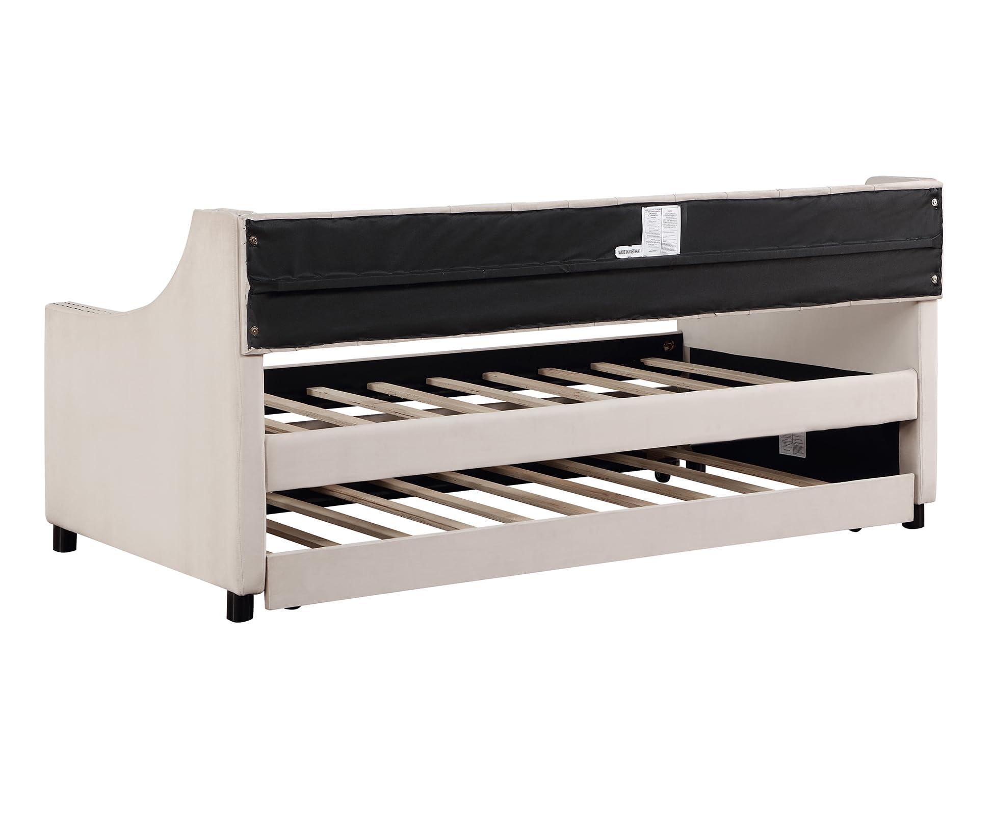 SCANORDIC SCANORDIC Daybed with Trundle, Modern Sofa Bed with Button and Copper Nail on Arms, No Box Spring Needed Perfect Furniture for Bedroom Living Room Guest Room,Beige