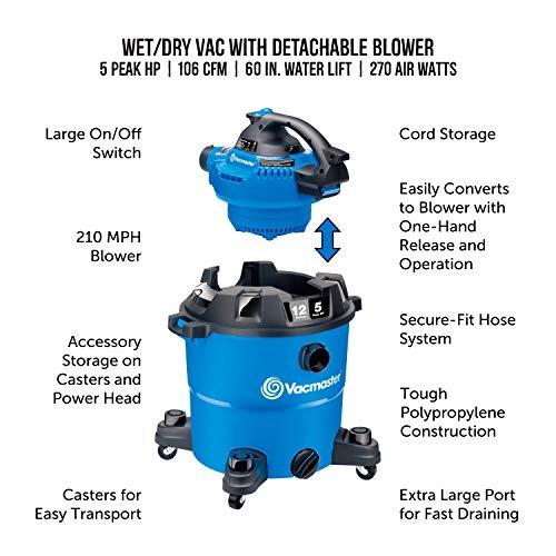 Vacmaster Vacmaster VBV1210, 12-Gallon* 5 Peak HP** Wet/Dry Shop Vacuum with Detachable Blower, Blue