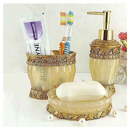 LUANT LUANT Vintage Golden Bathroom Accessories, 5Piece Bathroom Accessories Set, Bathroom Set Features, Soap Dispenser, Toothbrush Holder, Tumbler & Soap Dish - Golden Glossy - Bath Gift Set