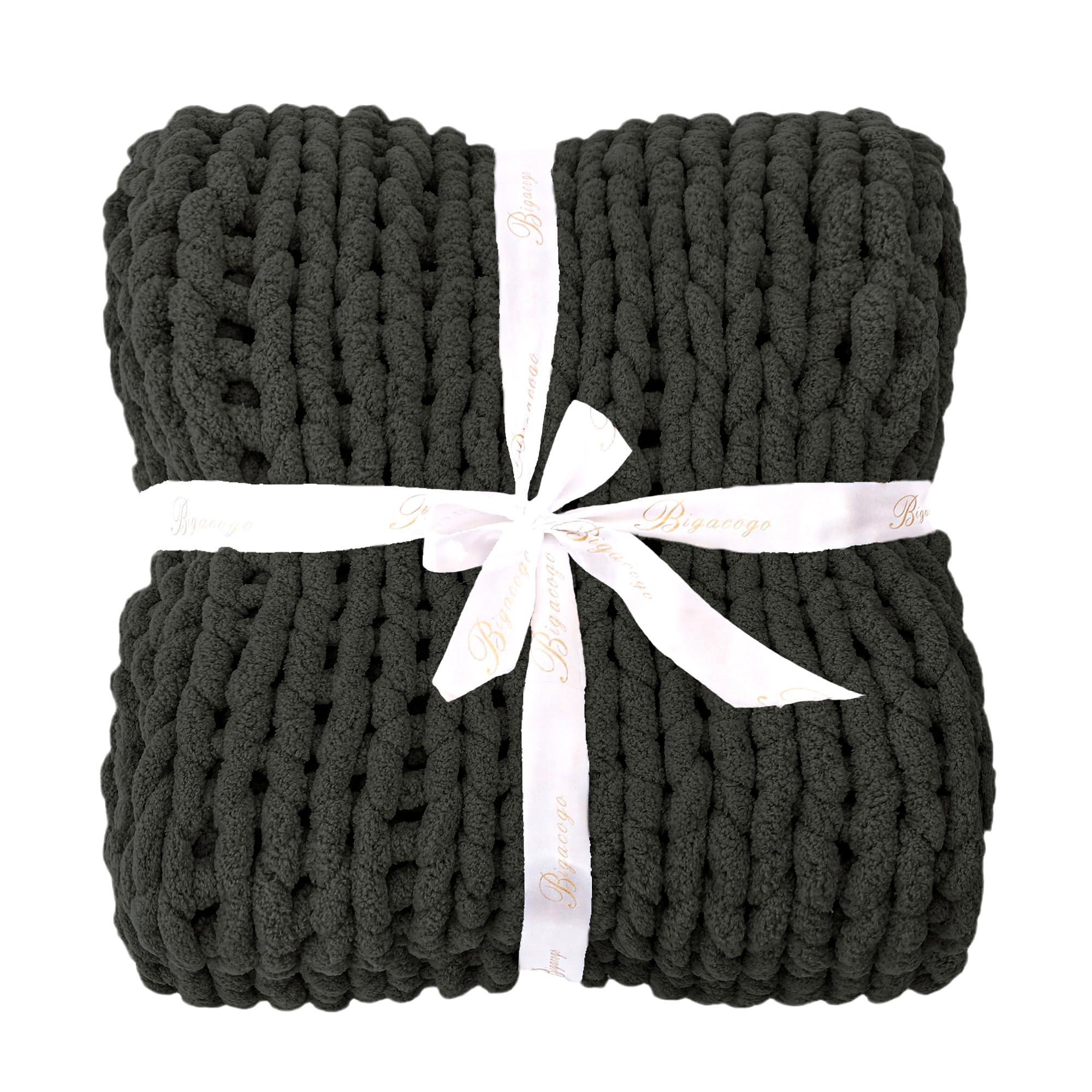 Bigacogo Bigacogo Chunky Knit Throw Blanket for Couch, 40x40 inches, 100% Hand Knitted with Thick Jumbo Chenille Yarn, Cozy Soft Large Rope Knot Cable Crochet Blankets for Sofa Bed Living Room, Dark Grey