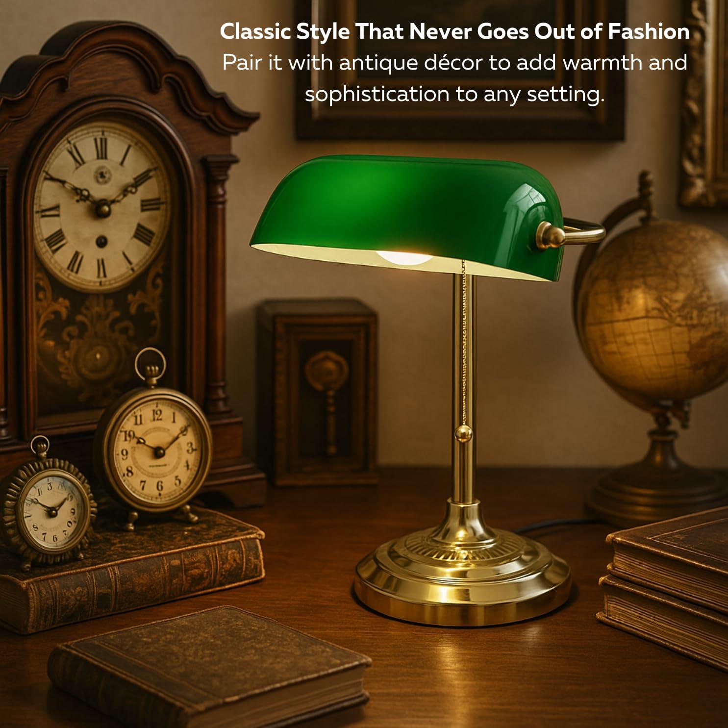 LIGHTACCENTS LIGHTACCENTS Traditional Bankers Desk Lamp with Green Glass Shade and Nickel Finish - Classic Study Light Perfect for Office and Home Workspace - Elegant Small Banker Lamp for Reading