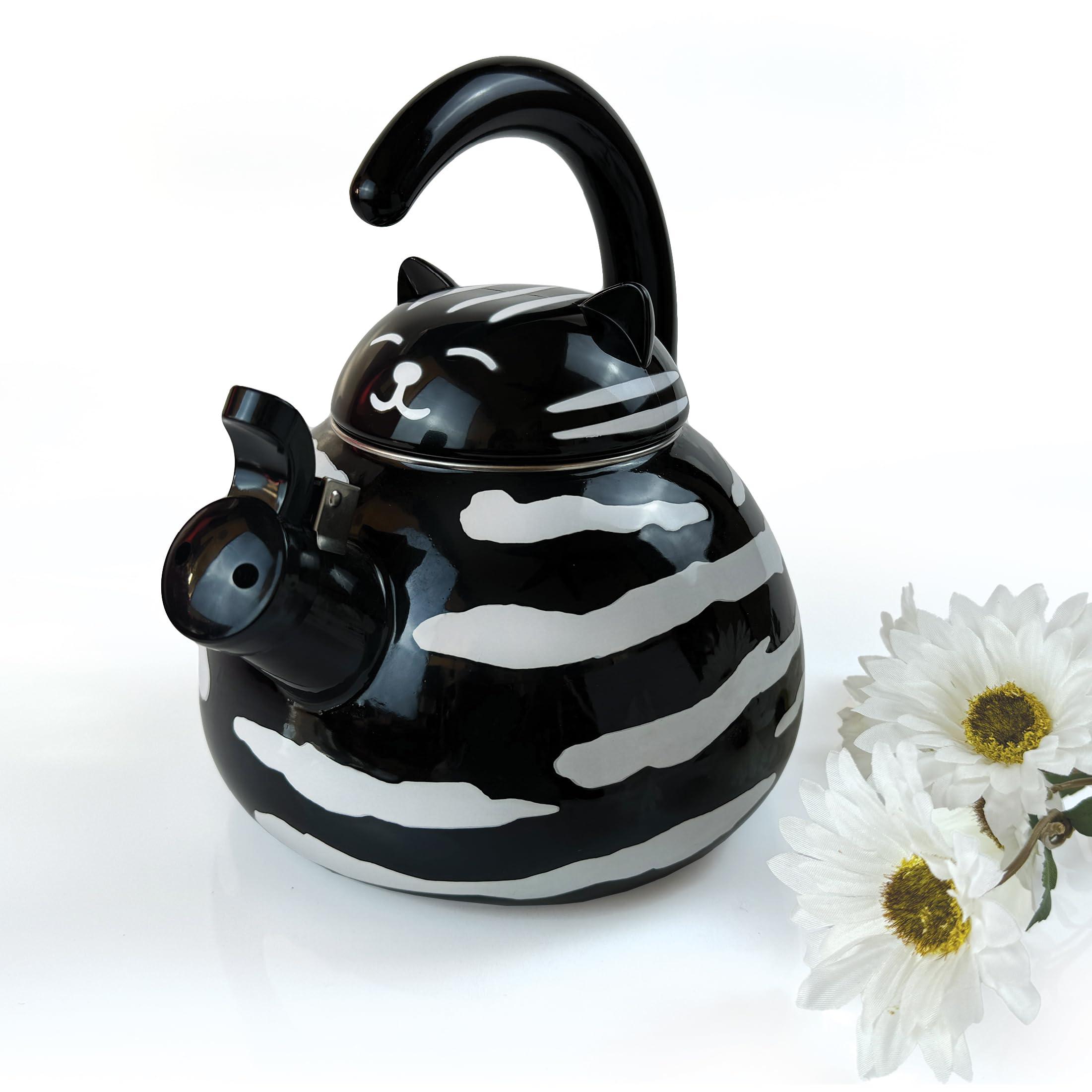Trenton Gifts Trenton Gifts Whistling Tea Kettle - Enamel on Steel Black Cat Decor - Cute Animal Stovetop Kettle - 2.1 Quart Tea Pots