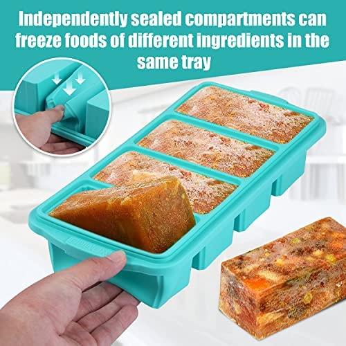 Aikeep Silicone Freezing Tray with Lid, Large Ice Cube Tray Non-stick Soup Freezer Container with 4 Compartments for Storing and Freezing Soups, Broths, Sauces and Liquid Diets, Oven and Dishwasher Safe