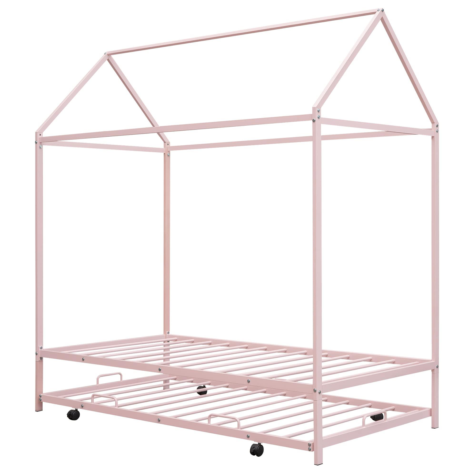 SkVLf Twin House Bed with Trundle, Bedroom Montessori Beds Metal 4 Poster Canopy Bed Frame Compatible with Dormitories Bedroom Teens, No Spring Box Needed, Twin Size Pink Queen Bed