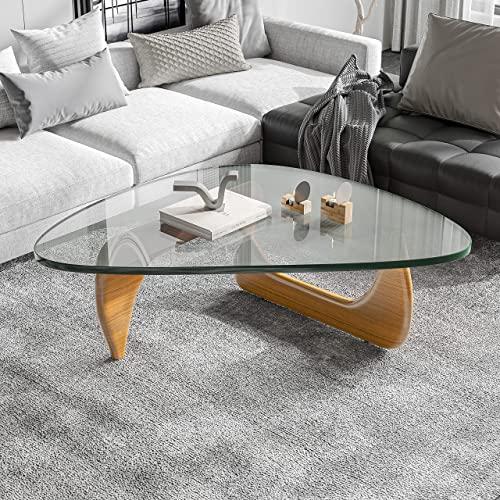 eChamp Noguchi Table Triangle Glass Coffee Table Vintage Glass End Table, Solid Wood Base and Triangle Clear Glass Top Modern End Table for Living Room, Patio, Study