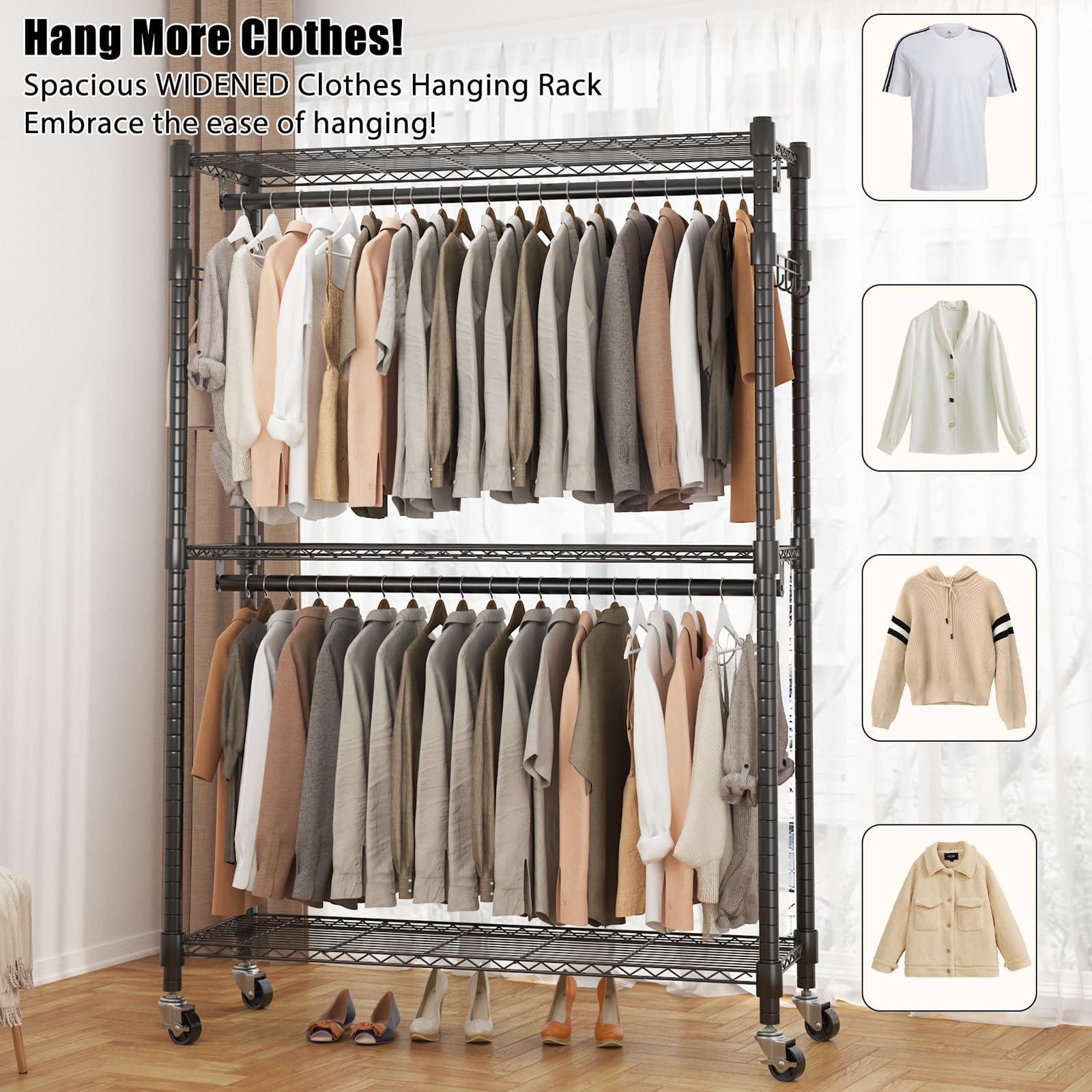 BATHWA BATHWA Heavy Duty Garment Rack on Wheels, Rolling Clothes Racks for hanging clothes, Simple Sturdy Wardrobe Rack with Double Hanging Rods, 8 Side Hangers, Black