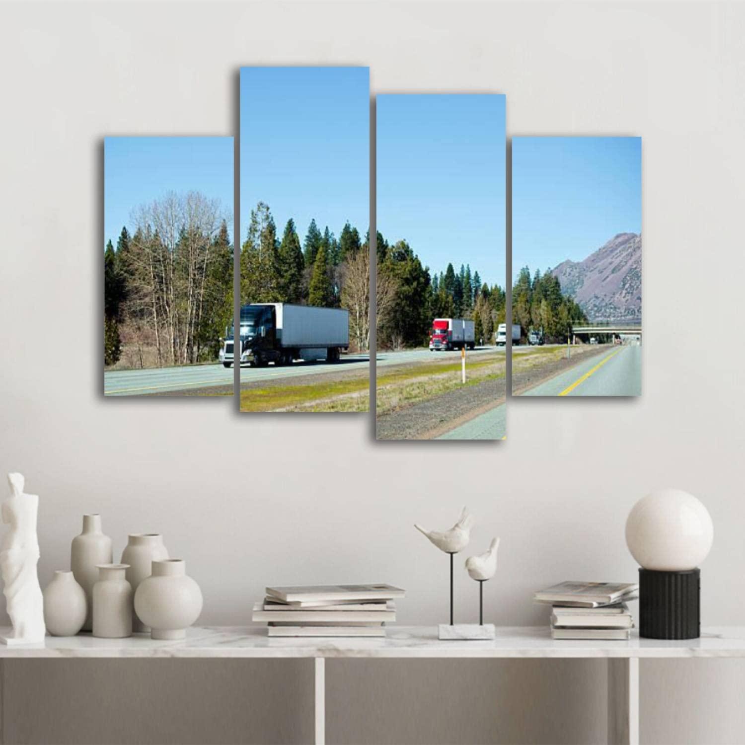 CXHSZHYZYQ Canvas Wall Art Prints Pictures Semi trucks trucking convoy interstate highway California Stretched & Framed Modern Wall Painting Home Decor for Living Room Bedroom Ready to Hang 4 Panel