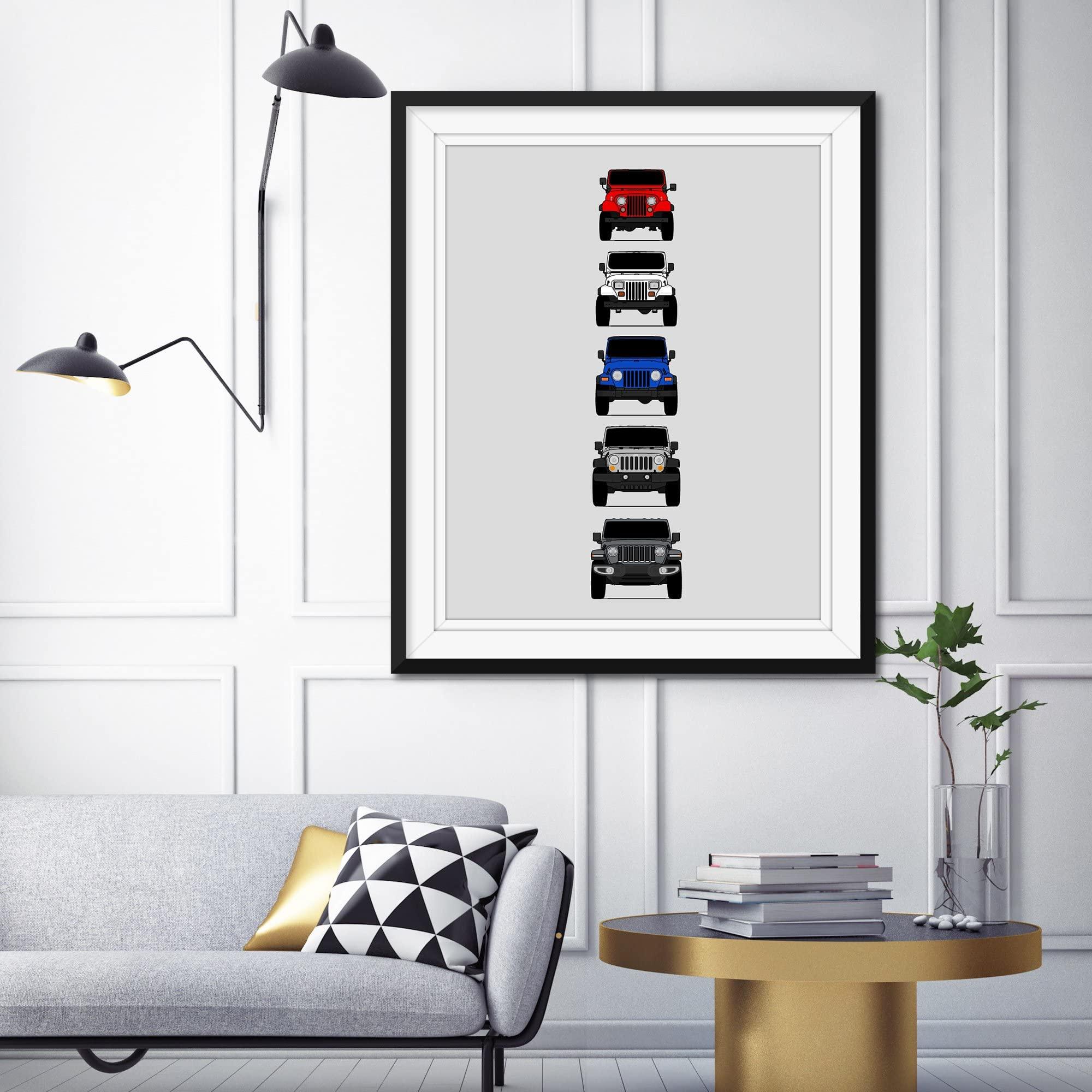 Custom Car Posters Custom Car Posters History of Jeep Wrangler Generations and Handmade Print of CJ, YJ, TJ, JK, JL - American, 11x14\" Satin Print (Unframed) - Gift for Car Enthusiast