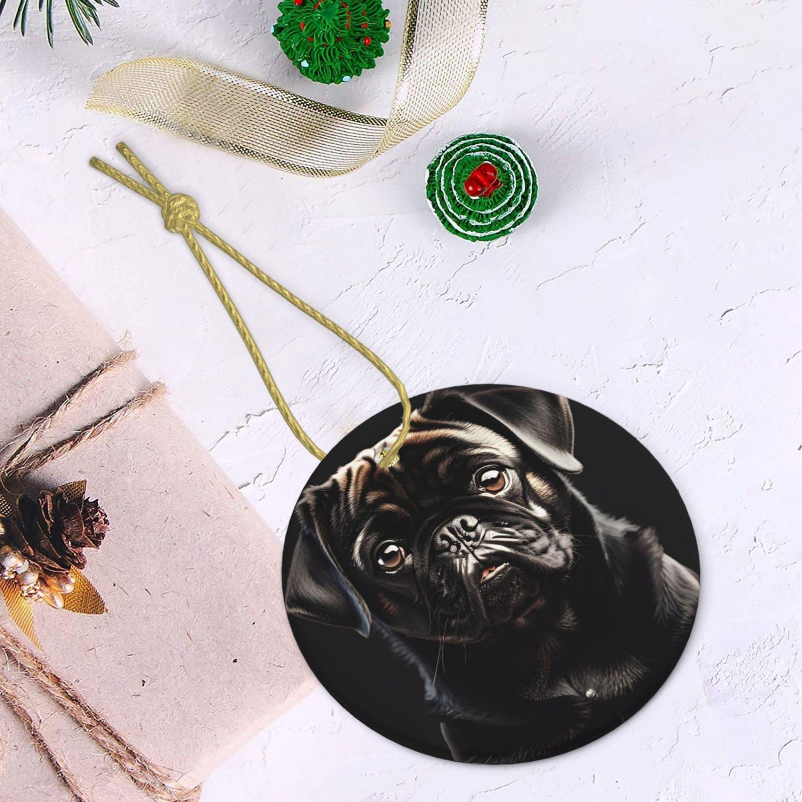 IRSHI Personalized Christmas Ornaments - Ceramic Christmas Hanging Ornaments - Aesthetic Christmas Tree Pendants Cute Black Pug Dog