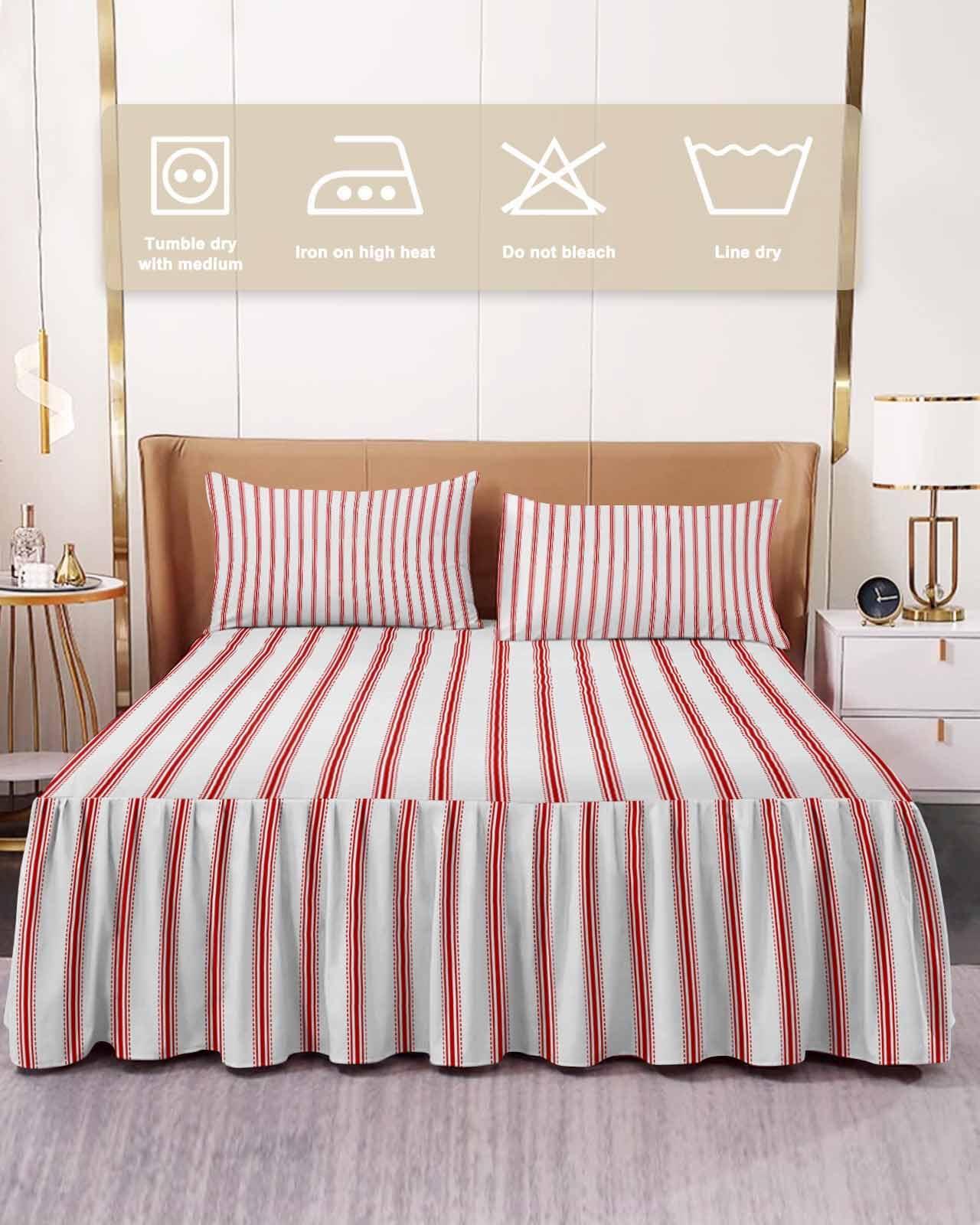 AMZRicher Red Stripes Wrap Around Pleated Bed Skirts for King Bed 78x80, Geometric Vertical Linens Modern Minimalism Decorative Dust Ruffle Bed Sheet & Bedskirt 18'' Drop Bedspread with Pillow Case 20x36