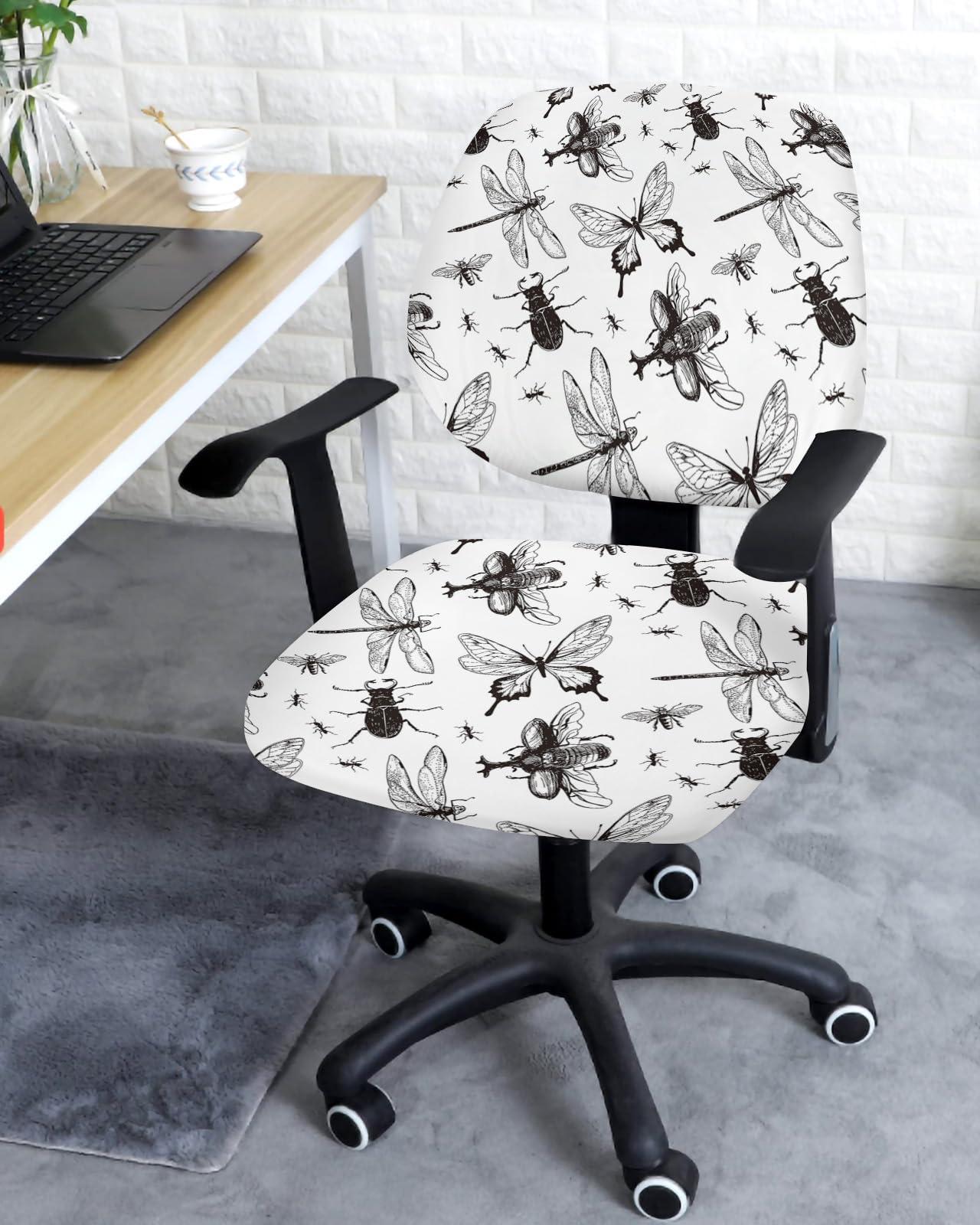 Prime Leader Office Chair Cover, Black Various Butterfly Dragonfly Cicada Art Prints Computer Office Chair Covers, Universal Elastic Stretchable Rotating Chair Slipcover, Removable & Washable Chair Protector