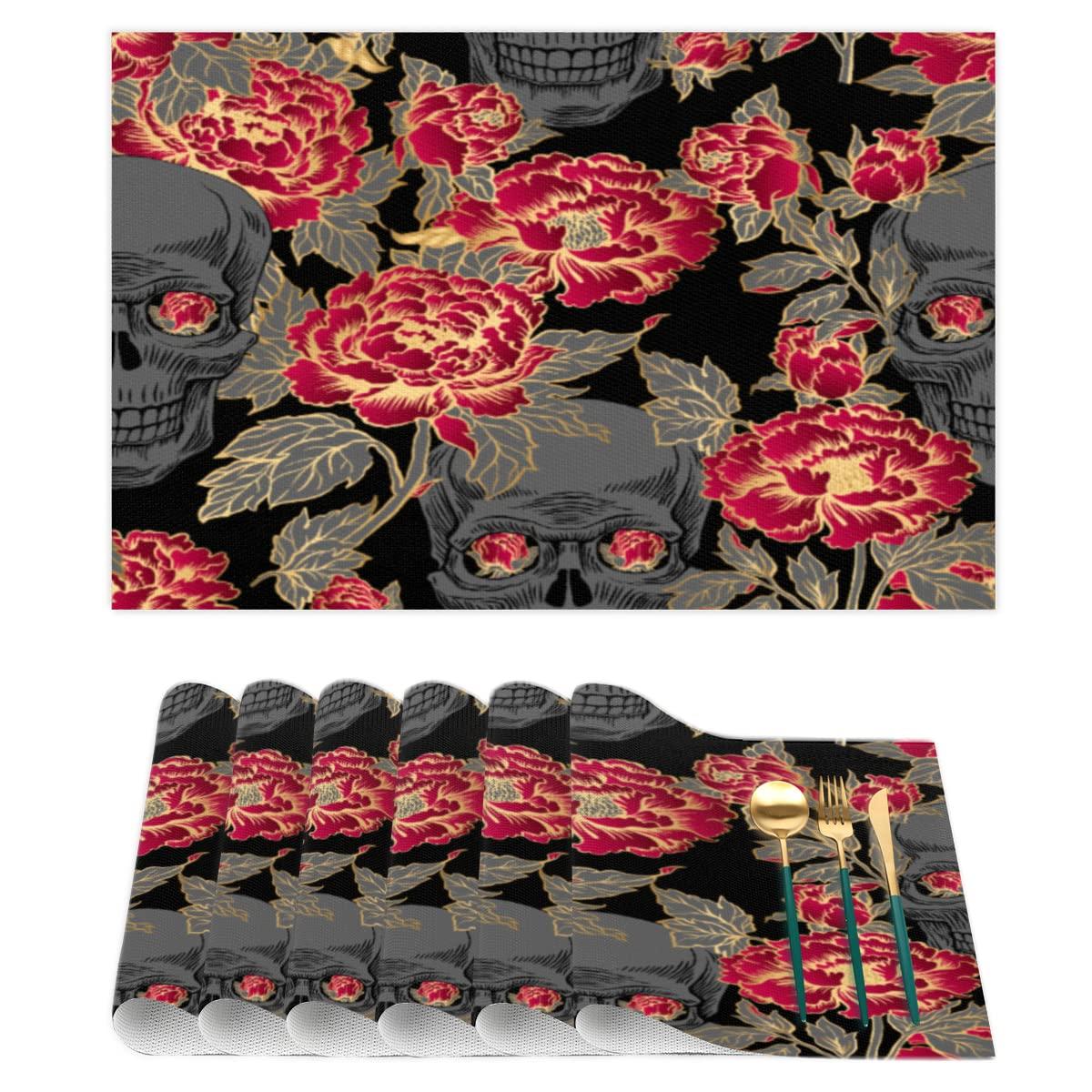 SEEKJOYS Placemats Creative Peony Prints Set of 4 12x18 Inch Stain Resistant Heat-Resistant Washable Durable PVC Table Mat for Home Decor Kitchen Table Skull Woven Vinyl Fall Placemats