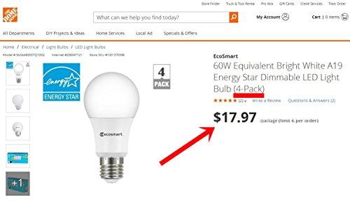 EcoSmart EcoSmart 60W Equivalent Bright White A19 Energy Star + Dimmable LED Light Bulb (4-Pack)