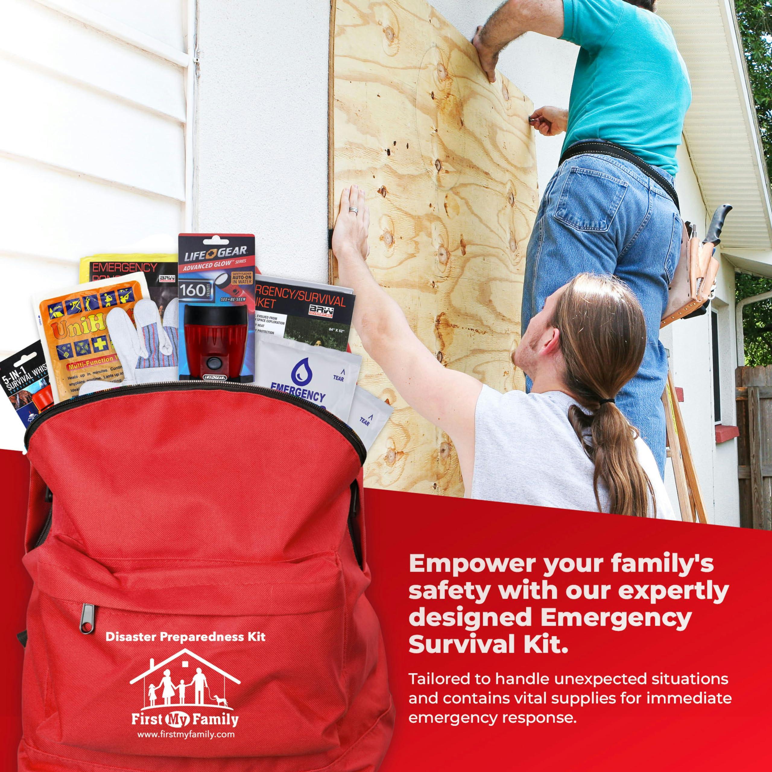 FIRST MY FAMILY A DISASTER PREPAREDNESSCOMPANY First My Family All-in-One Premium 1-Person Emergency Survival Kit | Hurricane & Earthquake Preparedness Supplies | Disaster Backpack with 72-Hour Survival Gear, First Aid, and More