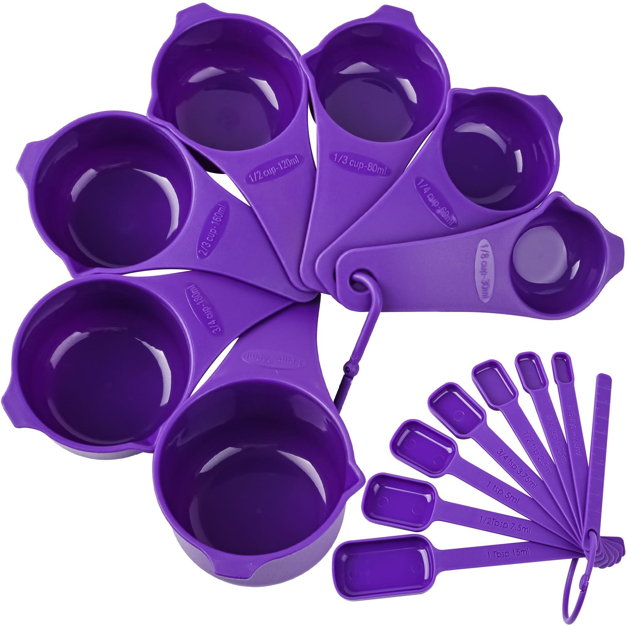 zoyizi zoyizi Measuring Cups and Spoons Set of 15, Plastic Measuring Cups and Spoons for Baking & Kitchen, Engraved Metric & US Markings for Liquid&Dry Measuring, BPA Free, Purple Measuring Cups & Spoons Set