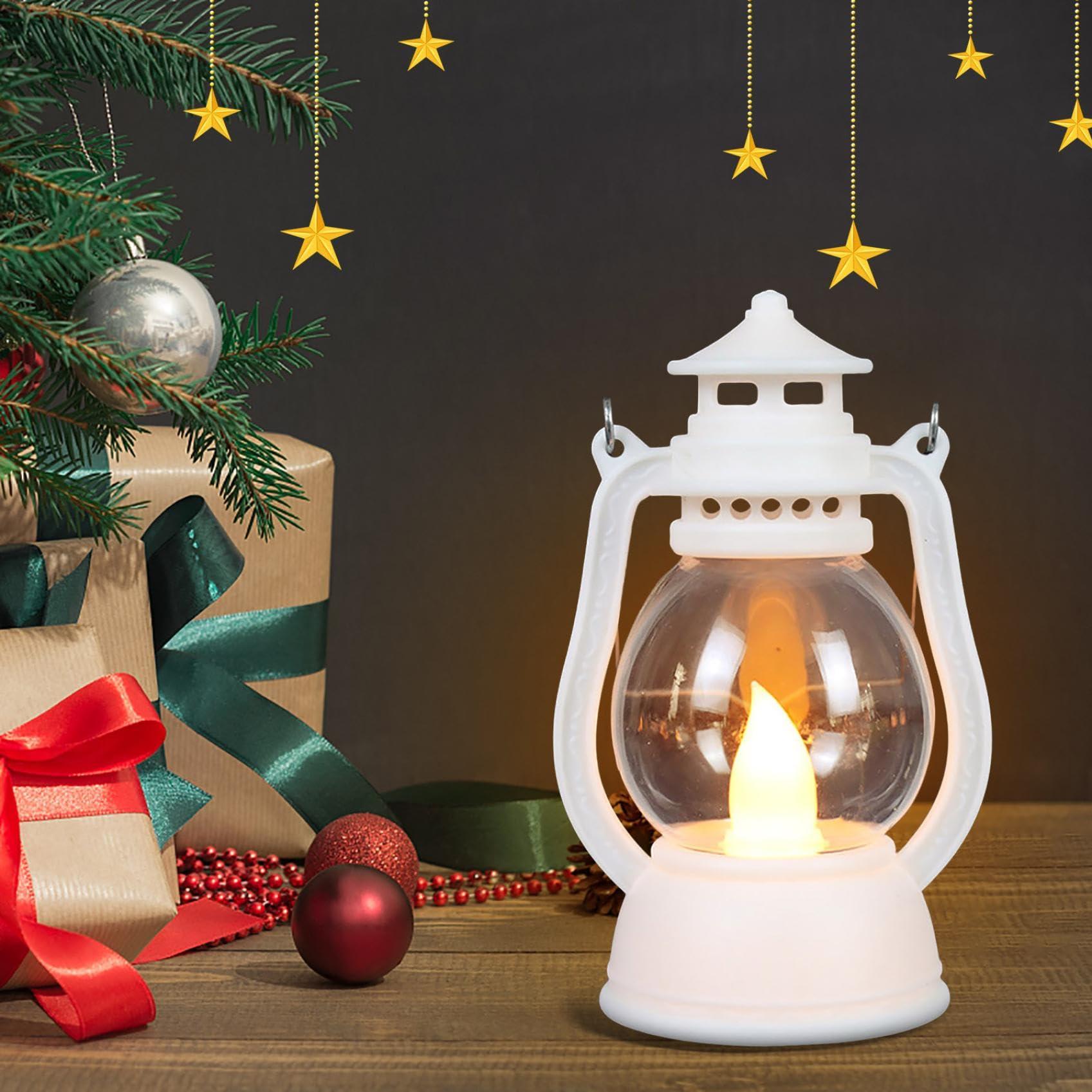 BLOWEST Vintage Lantern LED Decorative, Electric Portable Antique Oil Lamps, Flame Lantern Outdoor, Hanging Lantern Decor, Retro Rustic Glass Lantern, Battery Operated Lantern for Home, Yard, Camping (White)