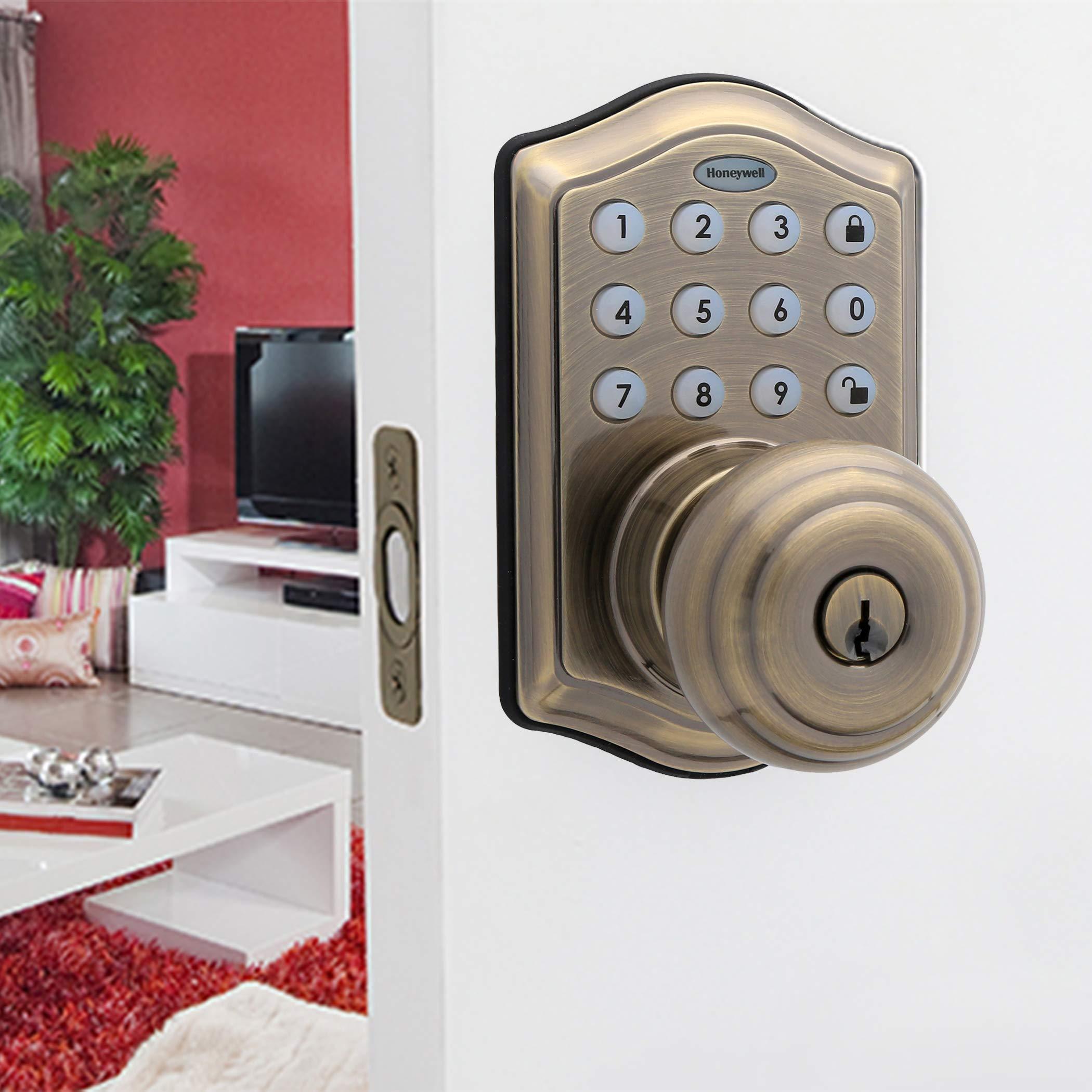 Honeywell Honeywell Safes & Door Locks - Keyless Entry Smart Electronic Door Knob Lock with Digital Keypad - Auto Lock - 50 Different User Pin Codes - 1 Touch Locking - Antique Brass - 6.5x8.8x9 in - 8732101