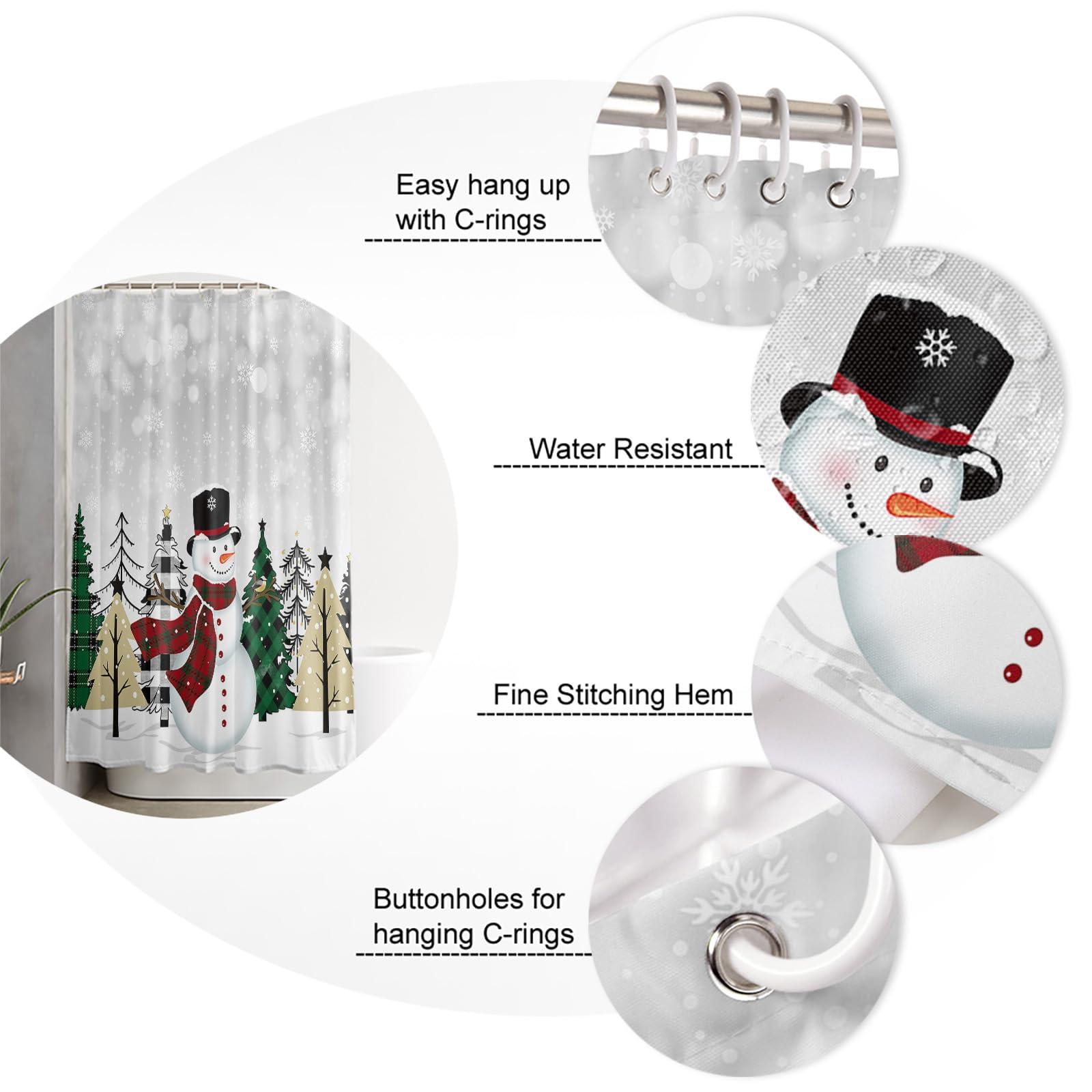 EZON-CH Chriatmas Shower Curtains for Bathroom, Snowman Xmas Tree Snowflakes Grey Shower Curtain Set Shower Curtain Set Waterproof Fabric Bath Curtain with Hooks for Home Hotel Apartment Farmhouse 48x72 inch