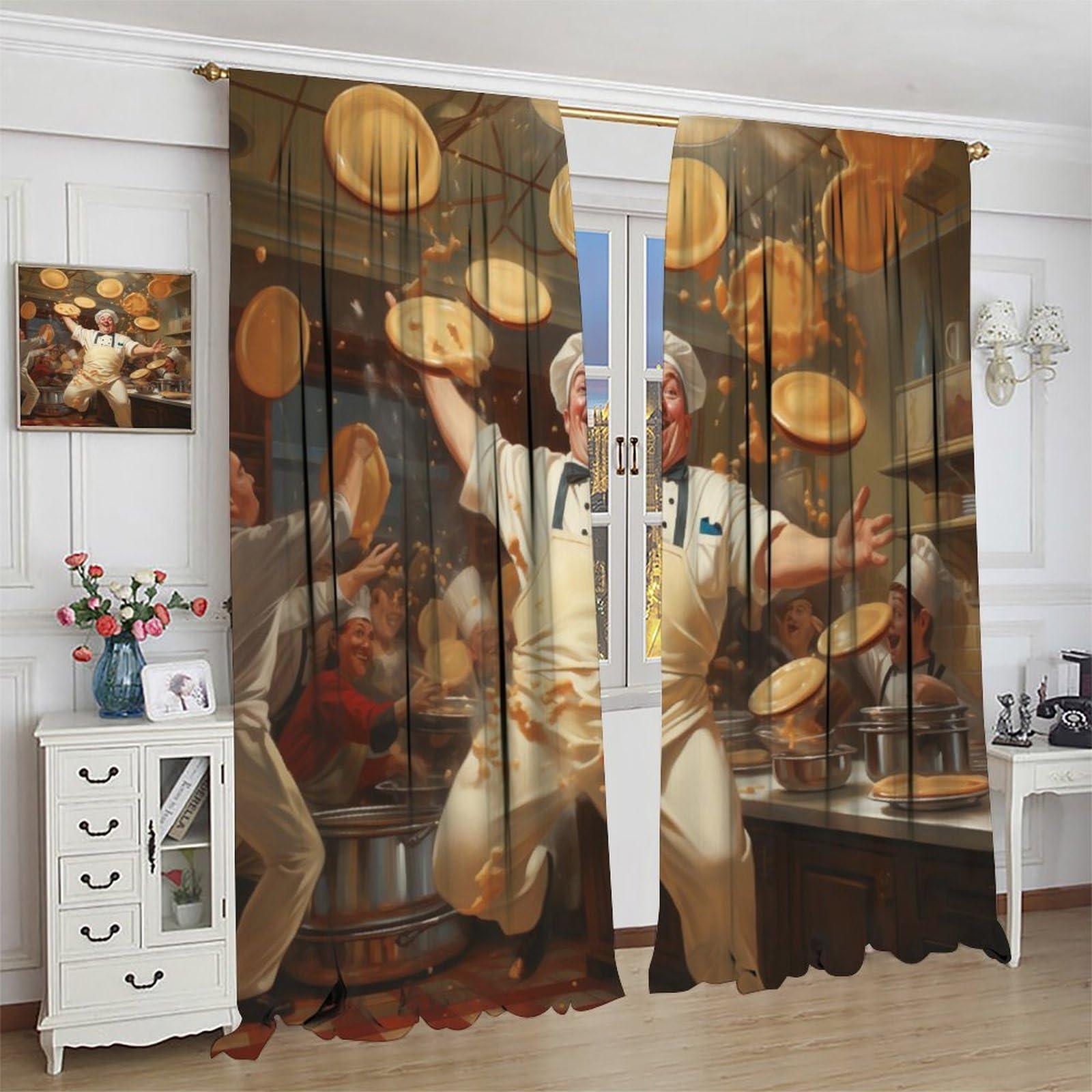 YungHo YungHo Chef Curtains, Fat Chef Door Busy Scene in The Kitchen Patterned Blackout Window Treatment, Beautiful Room Dcor & Easy Set Up 21" W x 45" L x2Decor