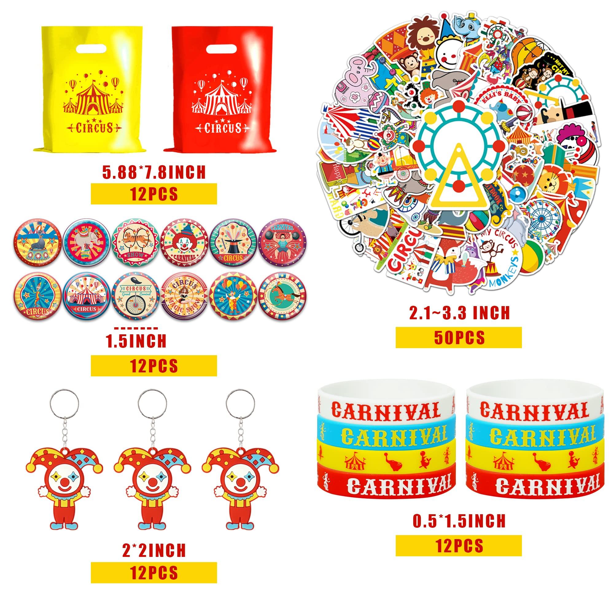 BUYWUMORE BUYWUMORE 98 PCS Circus Party Favors, Clown Keychains Goodie Bags with Stickers, Rubber Bracelets, Button pins and Bags for Circus Carnival Theme Party Supplies Baby Shower (Circus)