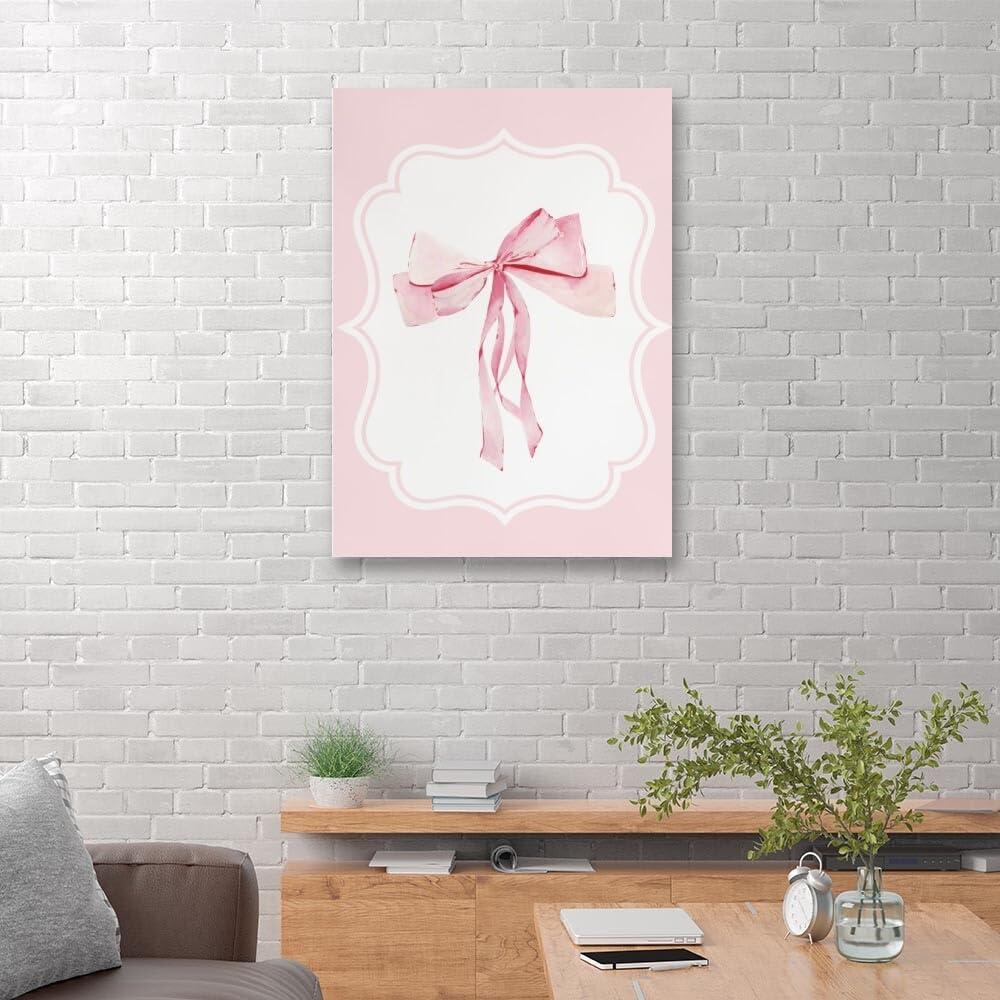 Generic Pink Bow Poster Coquette Wall Art Preppy Pink Coquette Bow Canvas Print Oil Painting Wall Art Preppy Poster Trendy Preppy Wall Art Teenage Girl Room Bedroom Wall Decoration12x18inch Unframed
