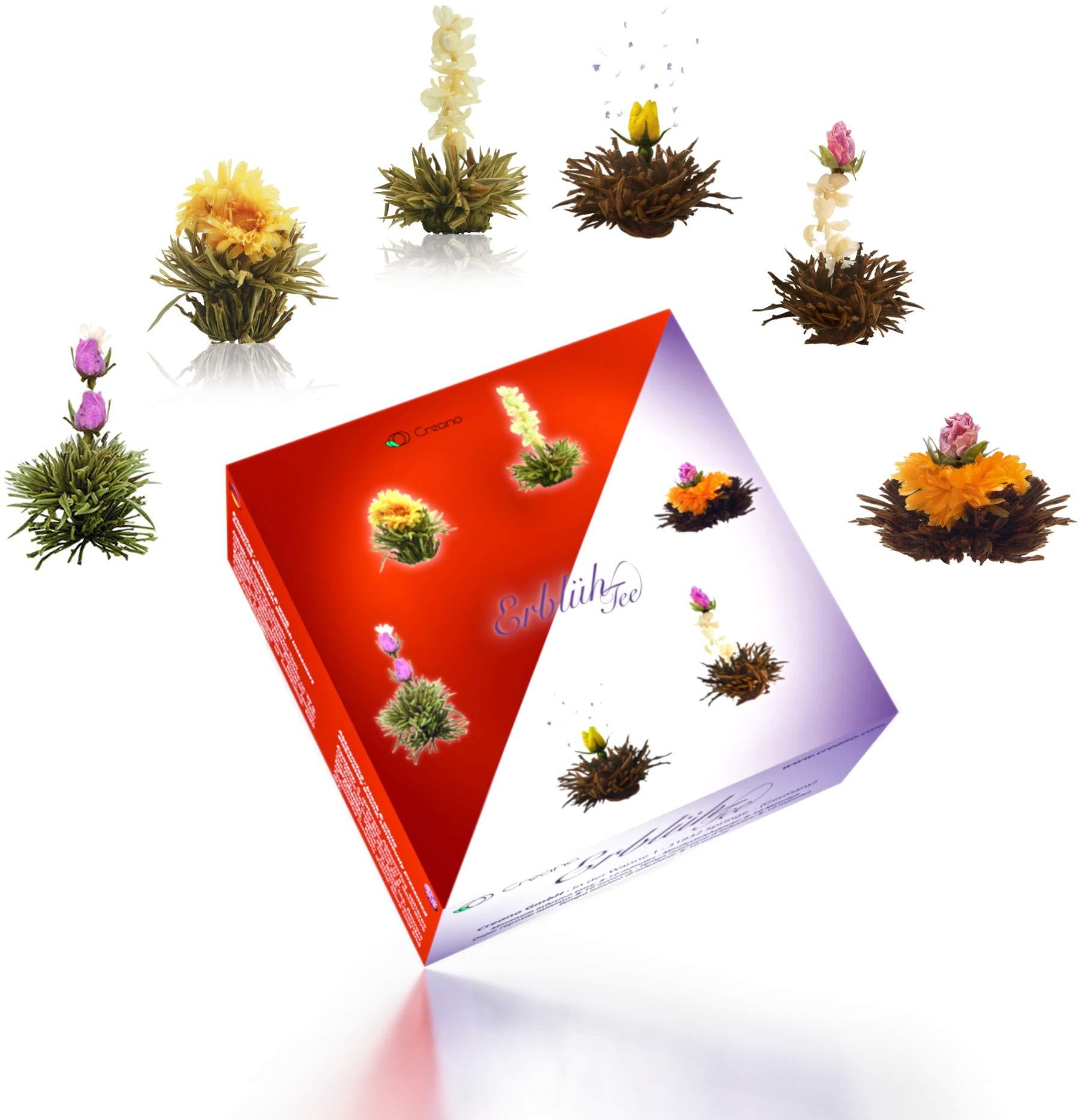 Creano Creano Blooming Tea Mix - Gift Set Flowering Tea with Glass Pot 17oz/500ml White Tea & Black Tea with 6 Tea Balls each 3pcs White & Black Tea