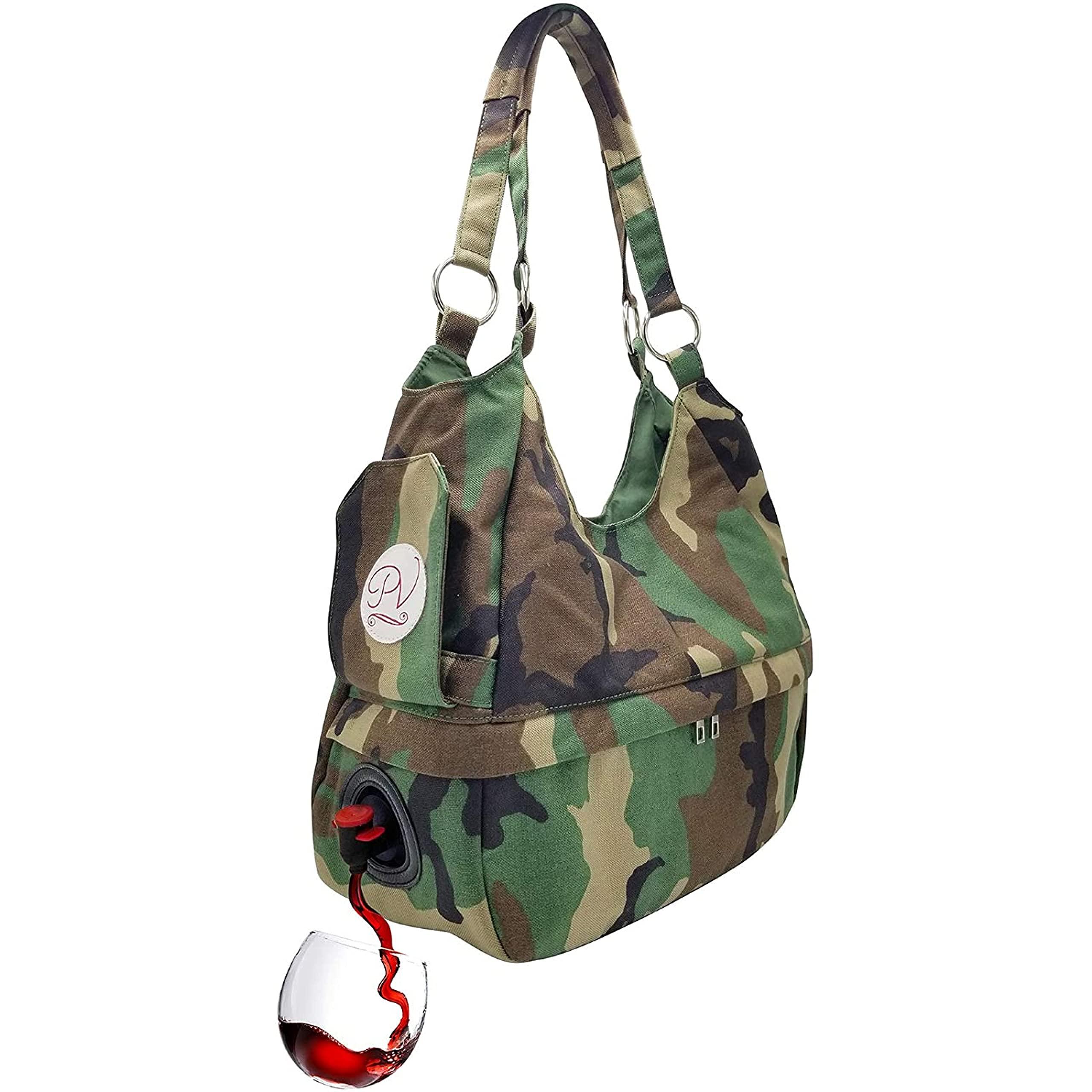 PortoVino PortoVino Swankey Camo Beverage Wine Tote with Hidden, Insulated Flask Compartment Wine Dispenser, Holds and Pours 4 bottle of Wine from Cooler! Perfect for Traveling, Concerts, Bachelorette Party!