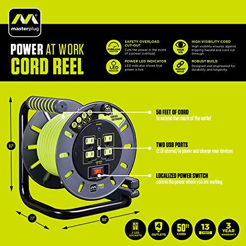 Masterplug Masterplug 50ft Cord Reel, Retractable Extension Lead with Winding Handle, Safety Overload Circuit Breaker and Power Switch, 4X Grounded Outlets, 2X USB Ports, 13amps, 14AWG Cable