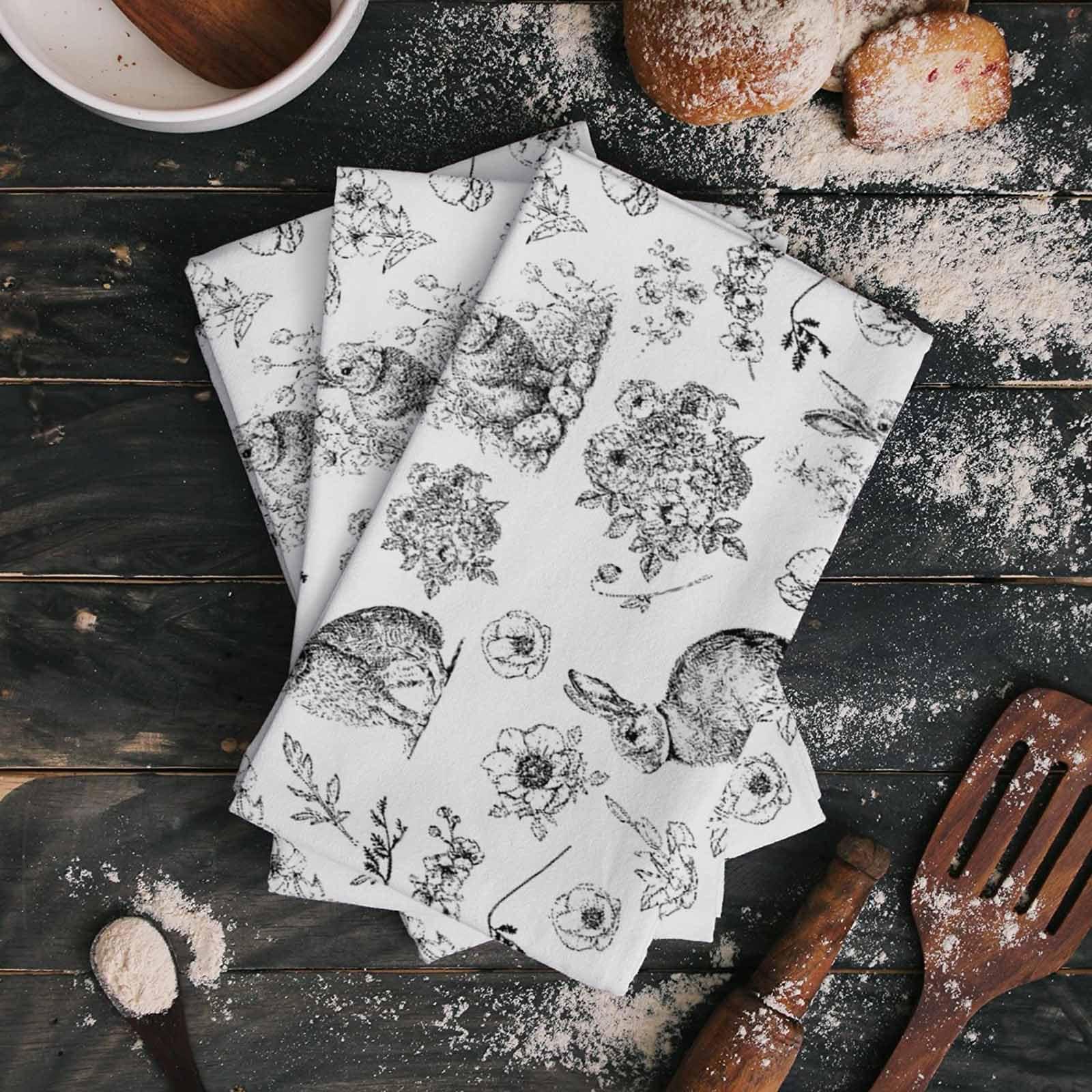 Kewadony Kewadony Spring Easter Kitchen Towels 4 Pack Dish Towels for Kitchen, Black and White Floral Botanical Bunny Absorbent Microfiber Hand Towels for Bathroom, Soft Tea Towels Bar Towels, 18 x 28 Inch
