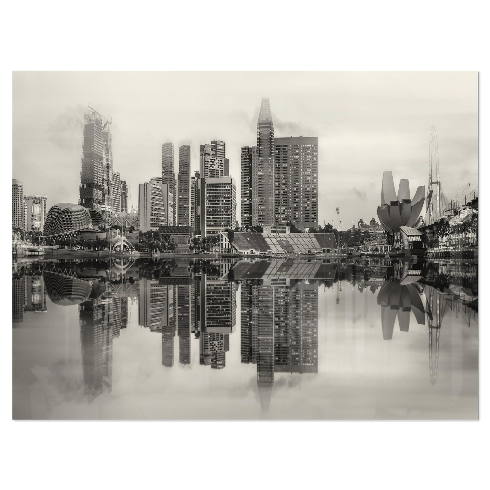Design Art Design Art Singapore Skyline View Panorama Cityscape Metal Wall Art, 30\'\' H x 40\'\' W x 1\'\' D 1P, Black/White