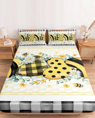 Alandar Home Cal King Fitted Bed Sheet Deep Pocket,Summer Daisy Bee Love Heart Eucalyptus Leaves Bedding Sheet Soft Brushed Microfiber Fitted Sheets,Black White Plaid Hotel Fitted Bottom Sheet with Pillowcase Set