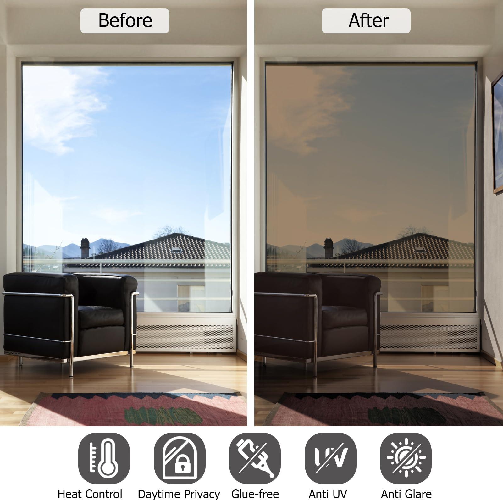 HIDBEA HIDBEA One Way Mirror Window Film, Daytime Privacy Sun Blocking Reflective Window Film Static Cling Heat Control Window Tinting Film for Home and Office, Brown Silver, 35.4 x 393.7 Inch