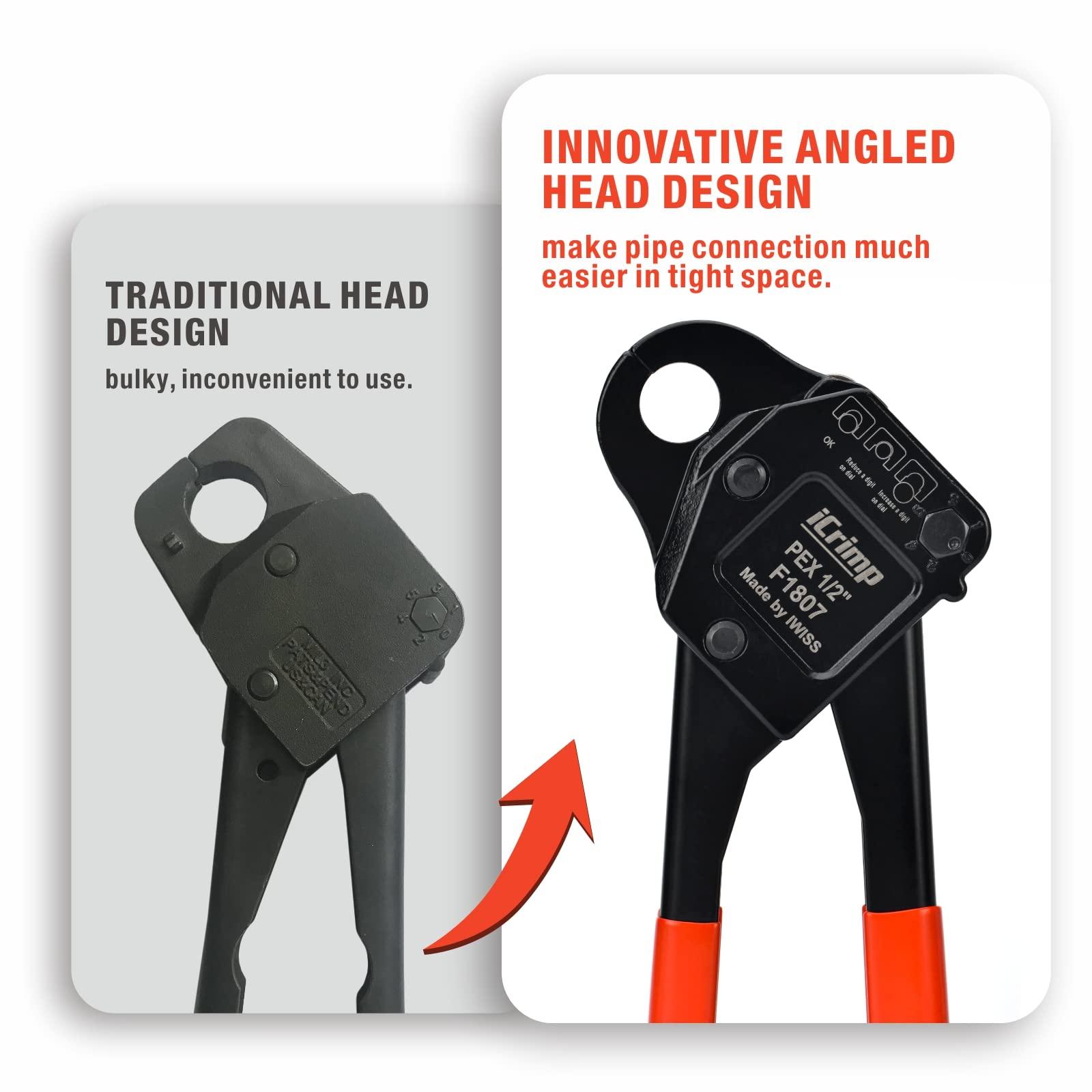 IWISS iCrimp Angle Head F1807 PEX Pipe Crimping Tool for Copper Rings - 1/2&3/4-inch Two Crimper Set with Cutter, Suitable for Tight Spaces