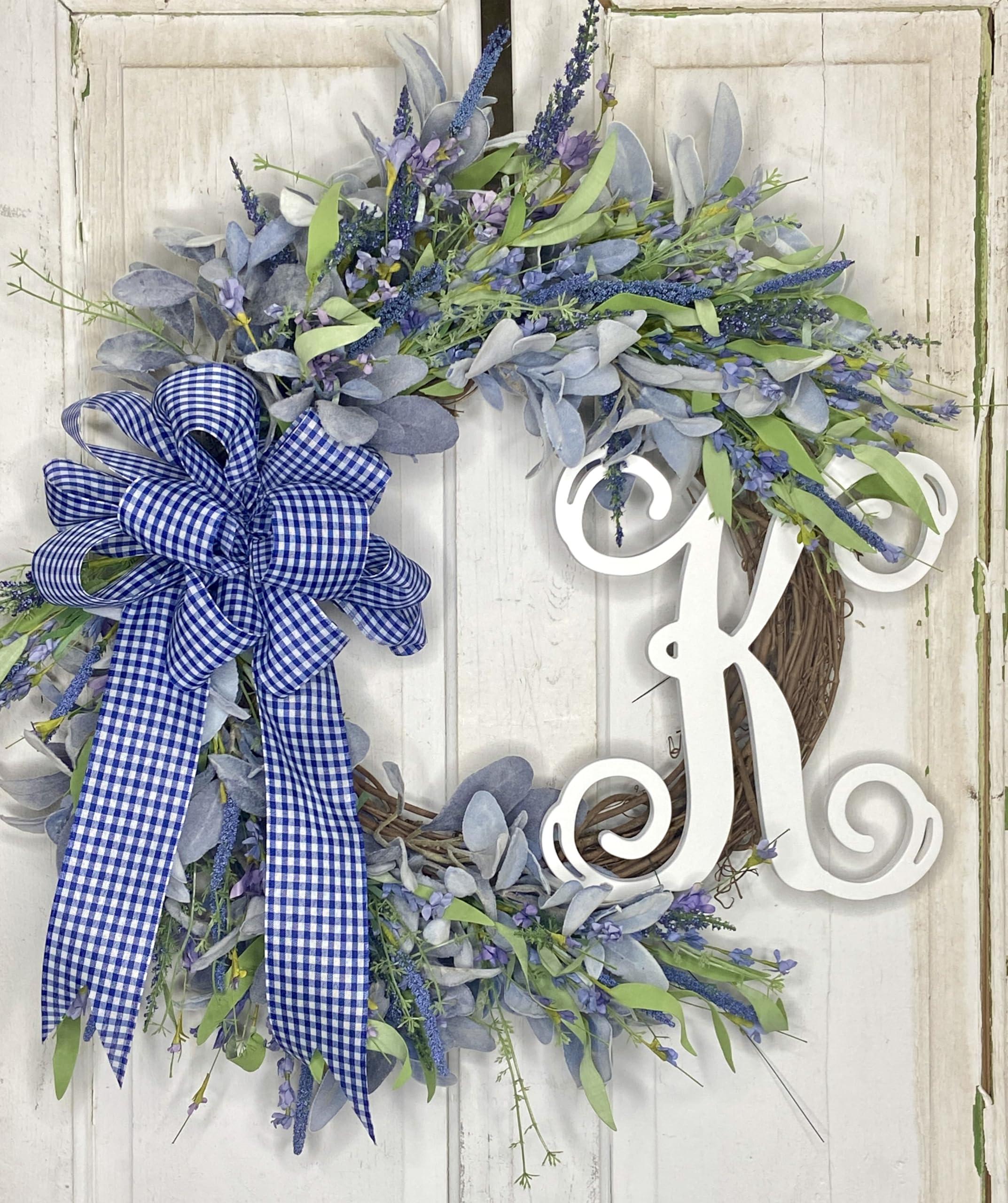 Generic Lavender and Lamb\'s Ear Monogram Initial Front Door Wreath with Choice of Bow on Grapevine Base-Handmade in the USA