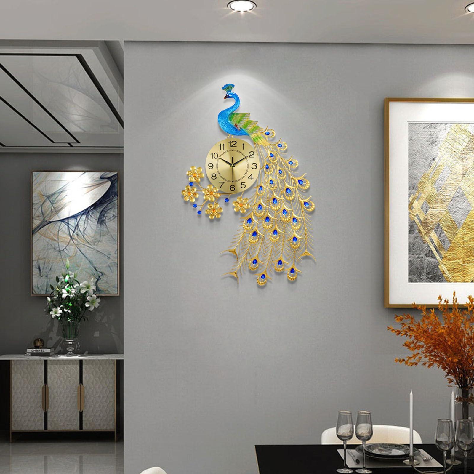 EURSON EURSON Large Peacock Wall Clock 31.5 inch Metal Design Non-Ticking Silent Art Digital Wall Clocks for Living Room Decor Gold