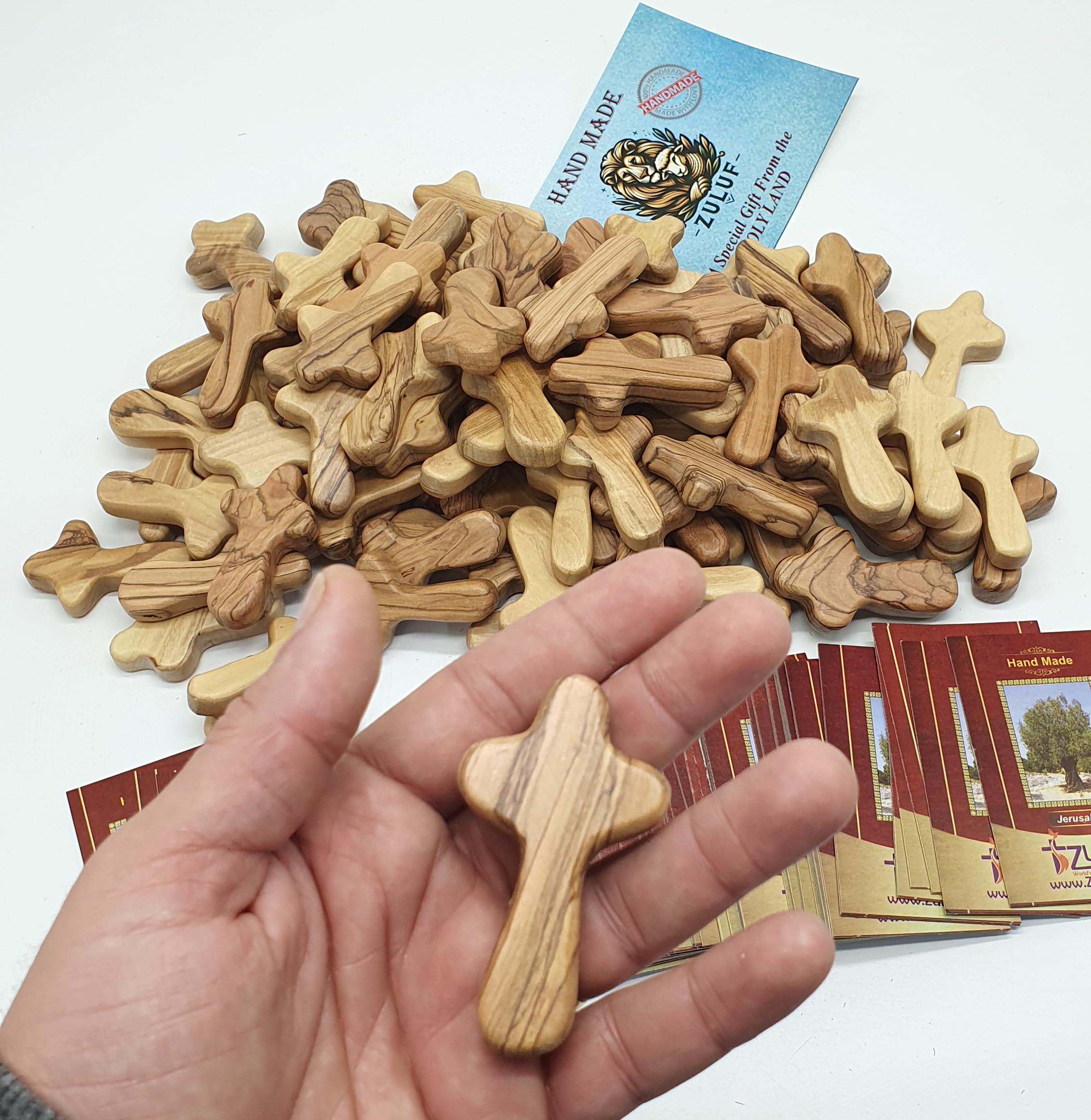 Zuluf Zuluf 100 Small Olive Wood Comfort Crosses from Bethlehem Israel | Pocket Holding Crosses | Comes With 100 Holy Land Certificates 6cm / 2.5 Inch Each Cross - CRS301