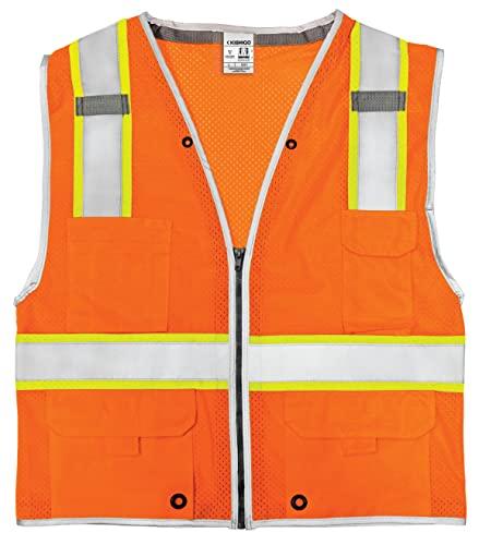 Kishigo Kishigo Premium Brilliant Series Heavy Duty Unisex Reflective Safety Vest 1511, ANSI Type R / Class 2 Compliant, 6 Pockets Including Radio & Pencil Pocket, Silver Lining & Trim (Orange), Small