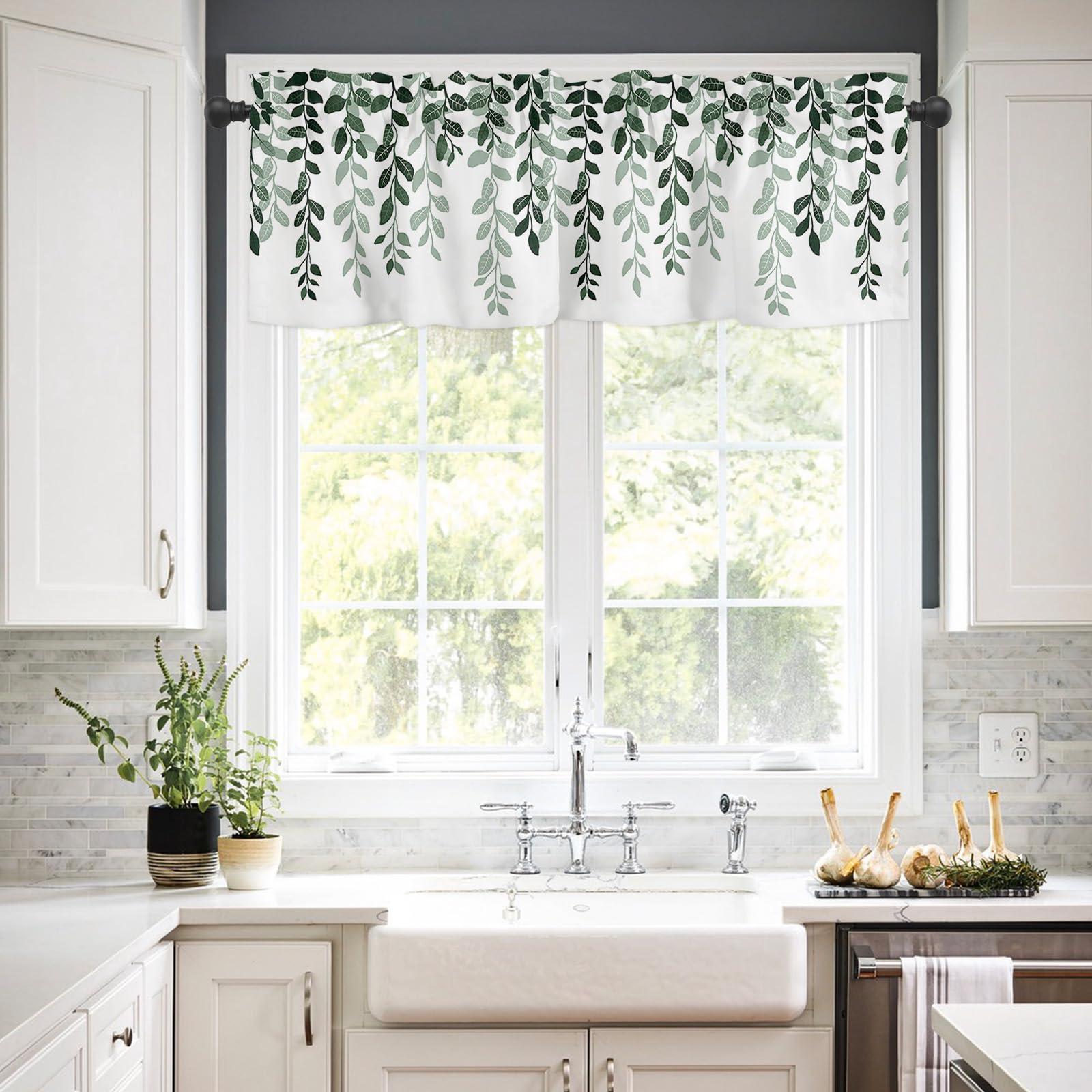 Onekaccu Onekaccu Kitchen Curtains Valances for Windows, Sage Green Leaves Valance Curtains Rod Pocket Short Curtains for Living Room Bedroom Small Window Treatment Seaonal Botanical Silhouette 60\"x18\"