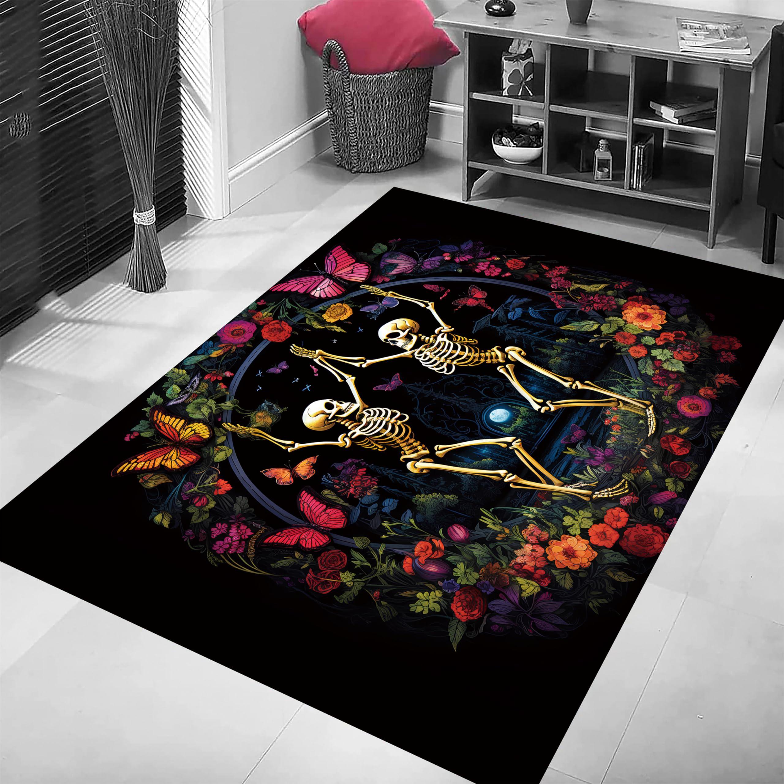 RUGROOM RUGROOM Skeleton Area Rug Butterfly Garden Dancing Skull Print Non-Slip Washable Floor Mat Modern Floral Rug for Living Room Bedroom Haunted House Halloween Botanical Rugs 4x6ft